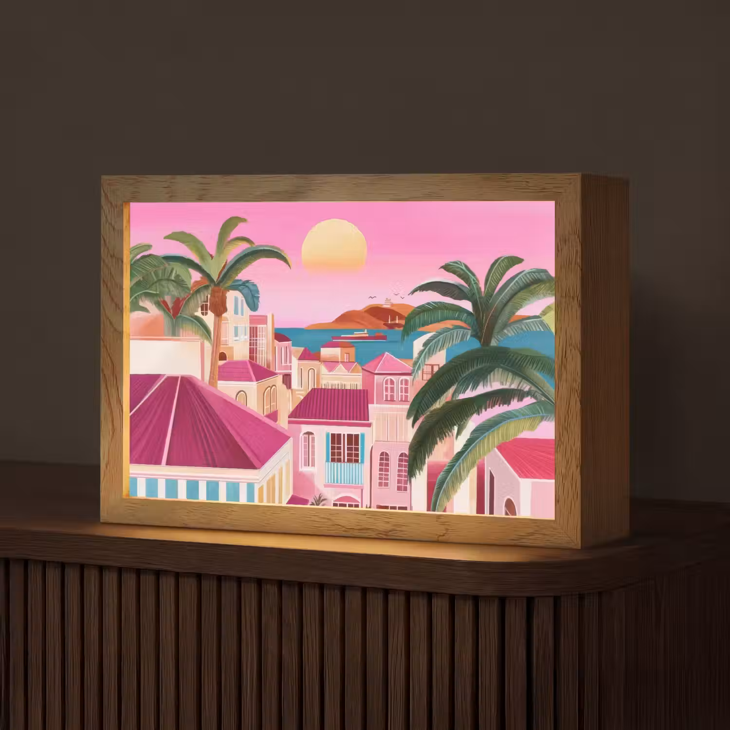 Stad - Roze - Palmbomen Light Box met kabel (Tafellamp) klein -z3d_website
