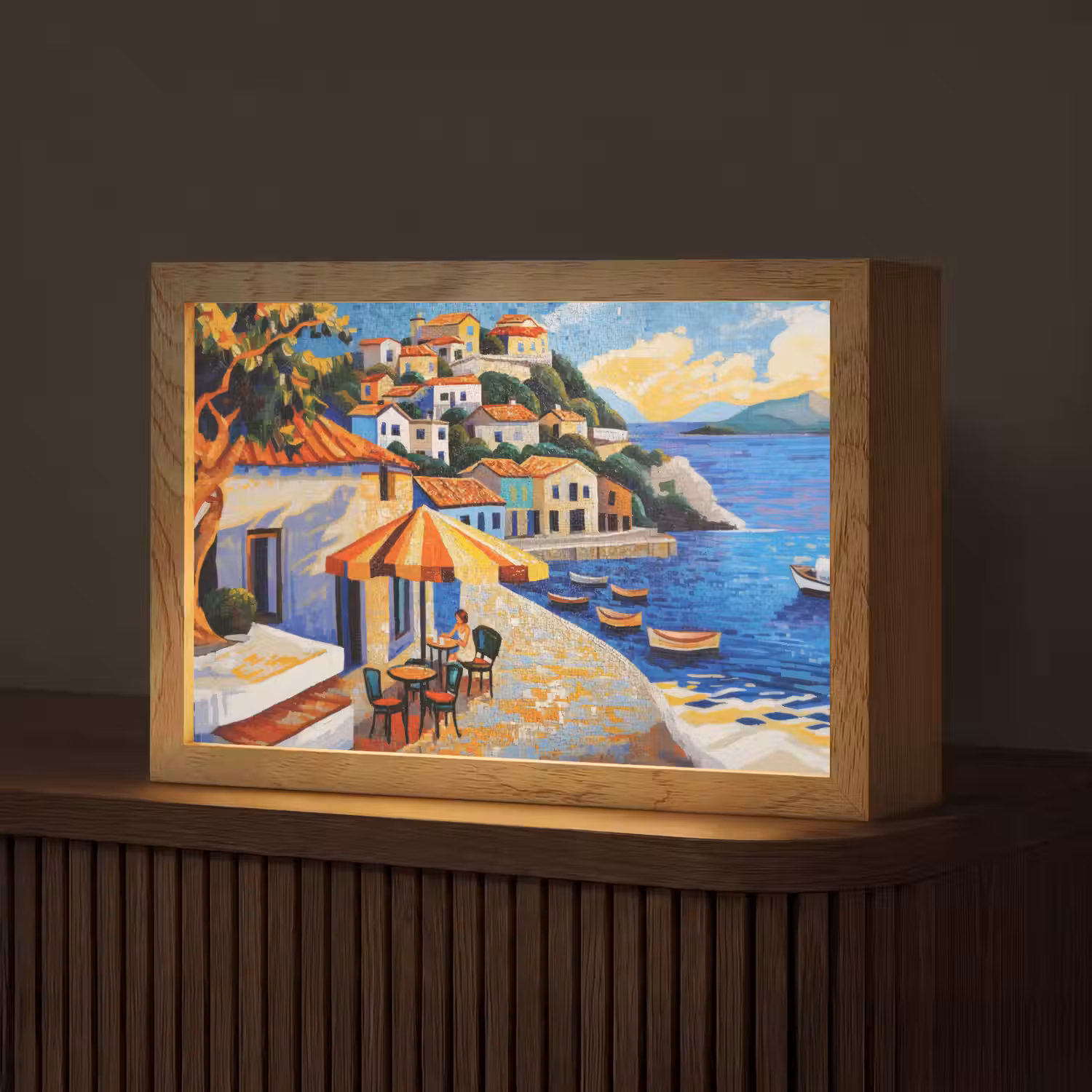 Kustdorp - Huisjes - Mozaïek - Zee Light Box met kabel (Tafellamp) klein -z3d_website