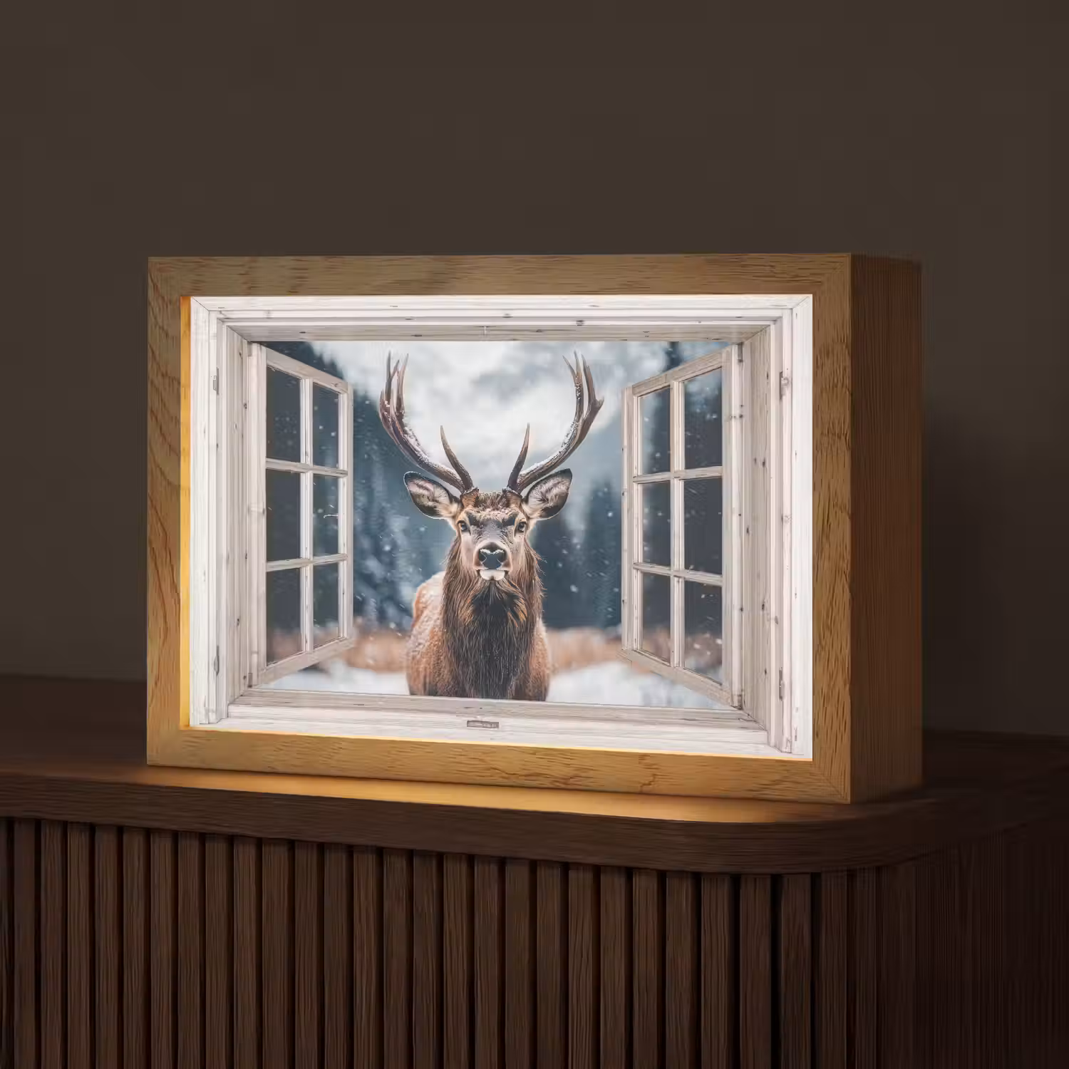 Hert - Dieren - Landschap - Winter - Sneeuw - Doorkijk - Natuur Light Box met kabel (Tafellamp) klein -z3d_website