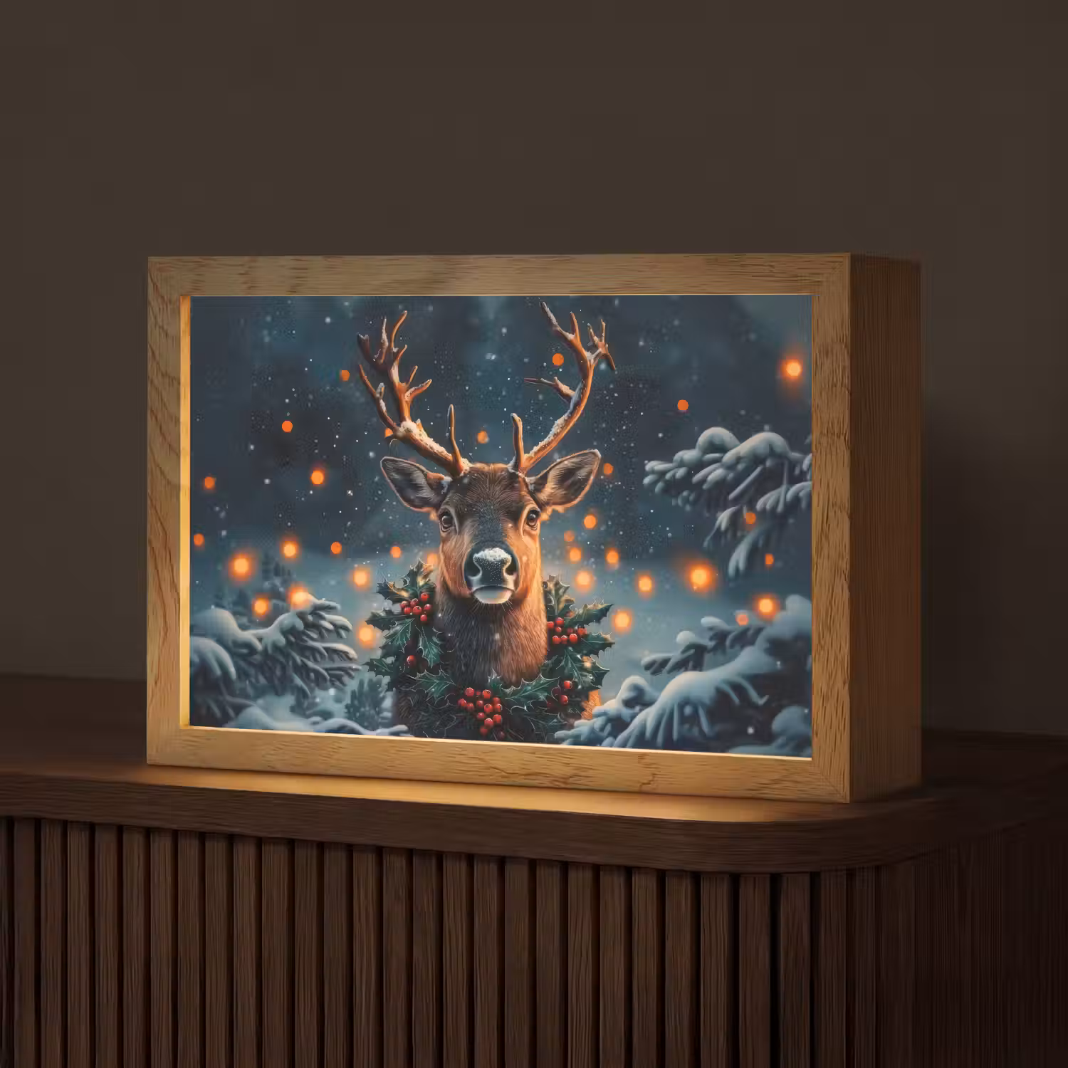 Hert - Kerst - Winter - Sneeuw - Kerstkrans Light Box met kabel (Tafellamp) klein -z3d_website