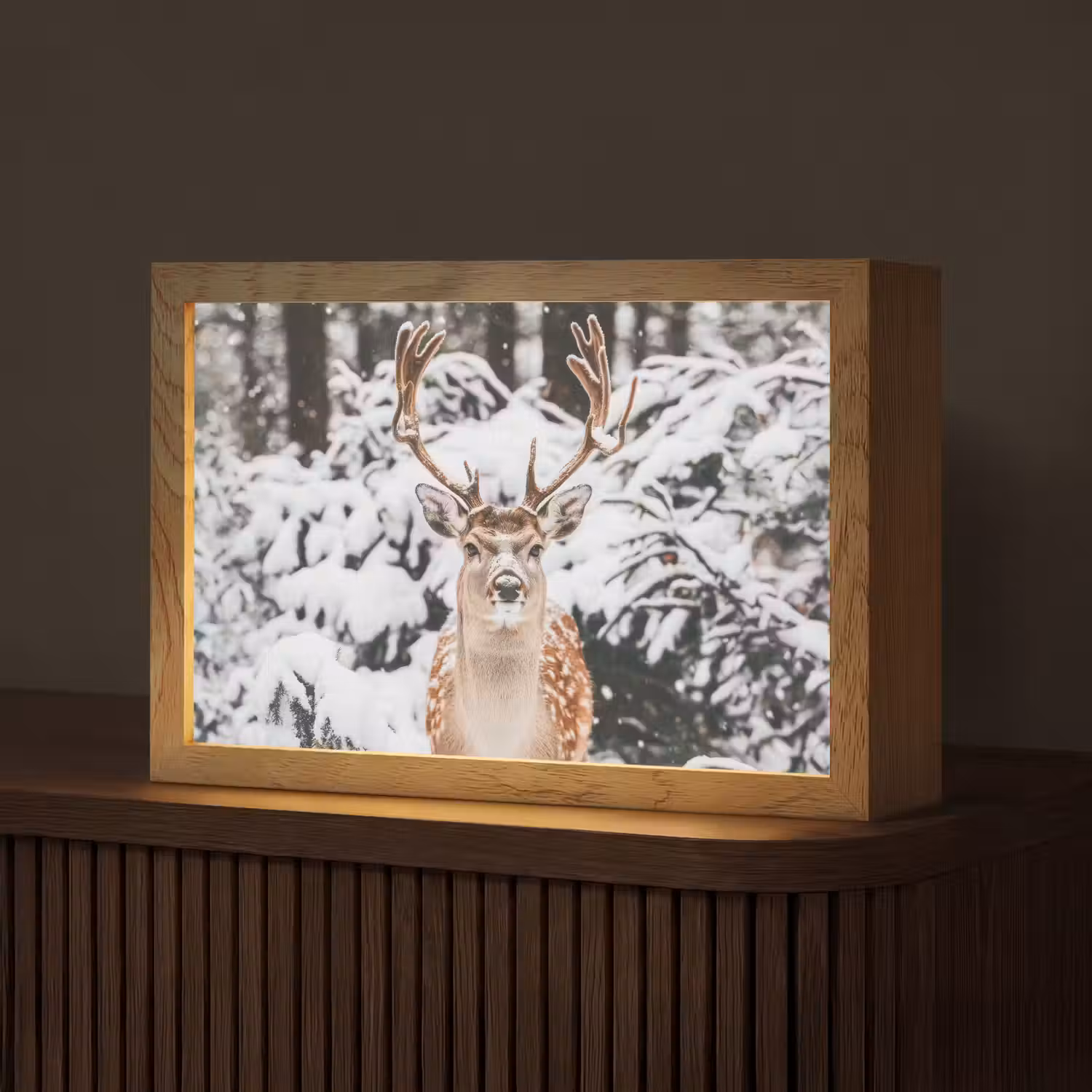 Hert - Sneeuw - Winter - Bos - Dieren Light Box met kabel (Tafellamp) klein -z3d_website