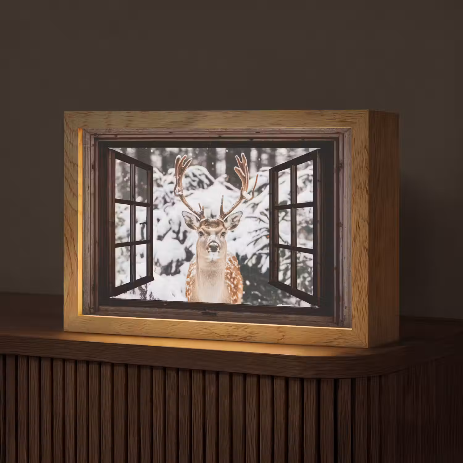 Hert - Sneeuw - Winter - Bos - Dieren - Doorkijk Light Box met kabel (Tafellamp) klein -z3d_website