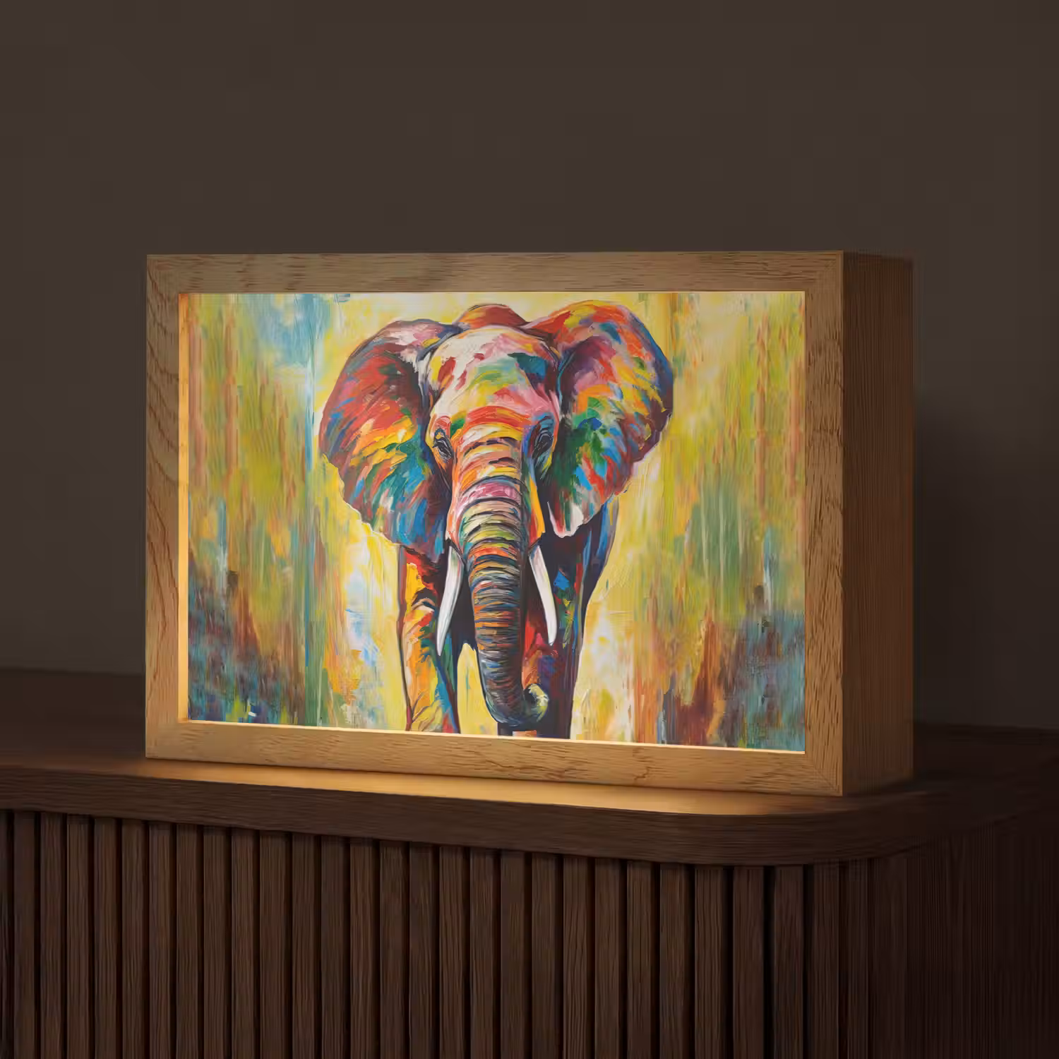 Olifant - Kunst - Schilderij - Dieren - Regenboog Light Box met kabel (Tafellamp) klein -z3d_website