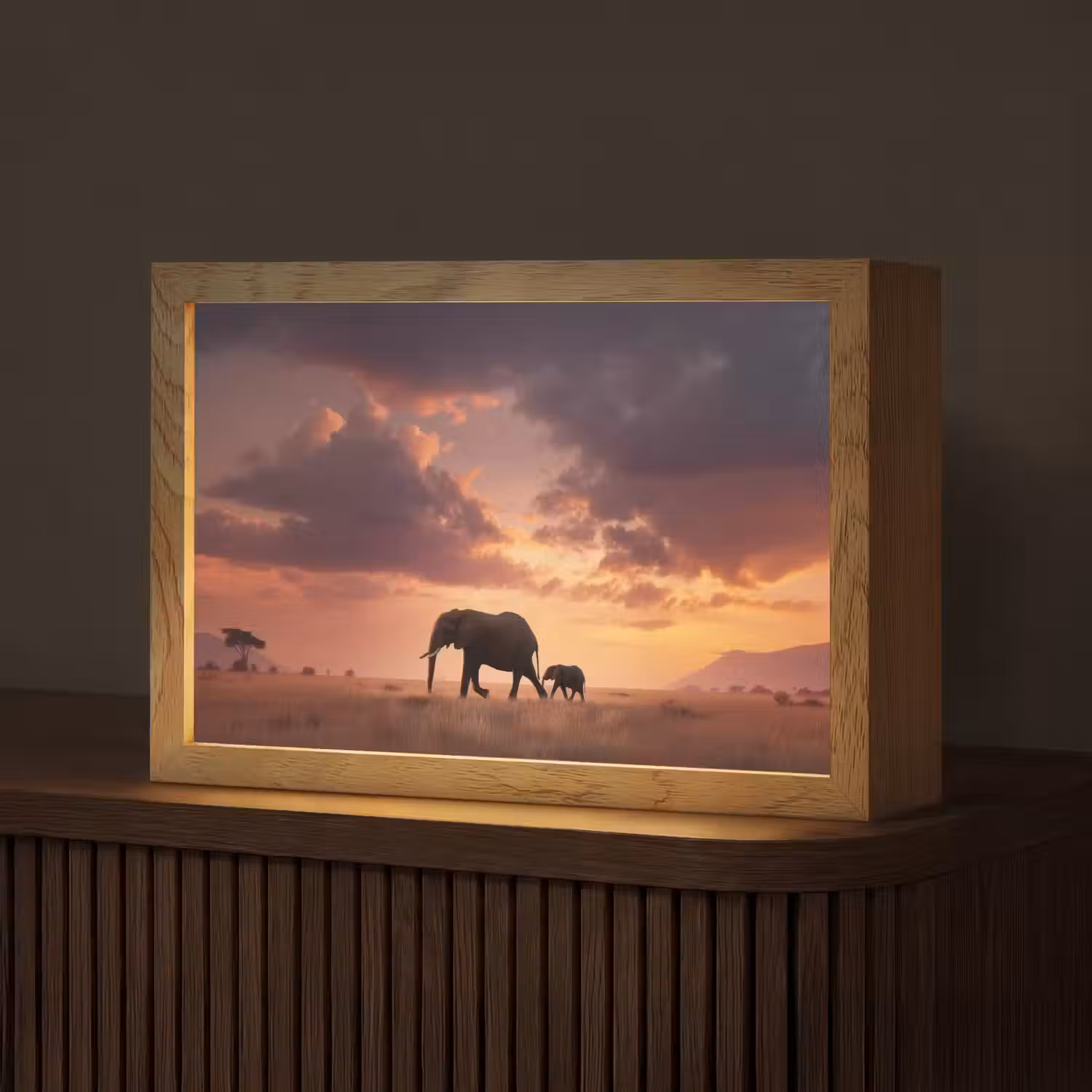 Olifanten - Grasland - Zonsondergang Light Box met kabel (Tafellamp) klein -z3d_website
