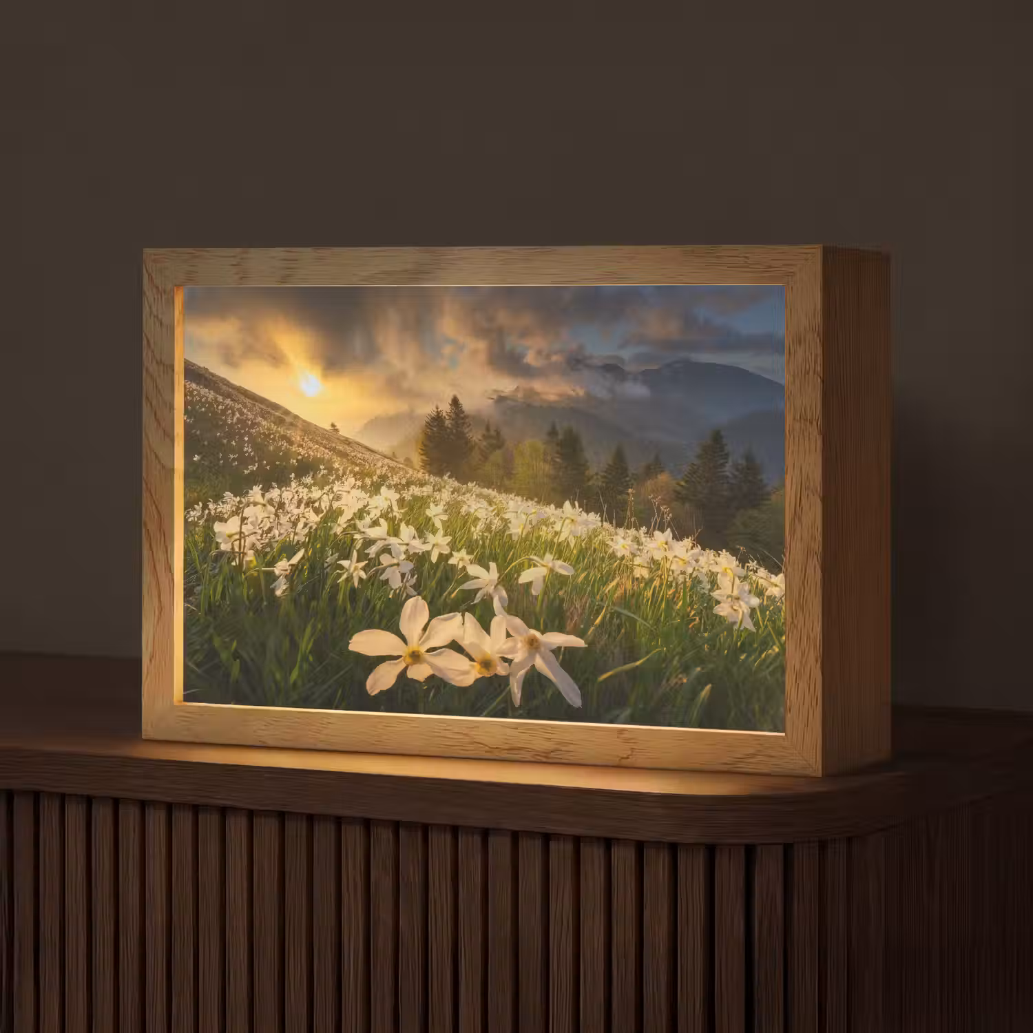 Bloemenveld - Heuvels - Zonsondergang - Berg - Natuur - Wit - Heuvels Light Box met kabel (Tafellamp) klein -z3d_website