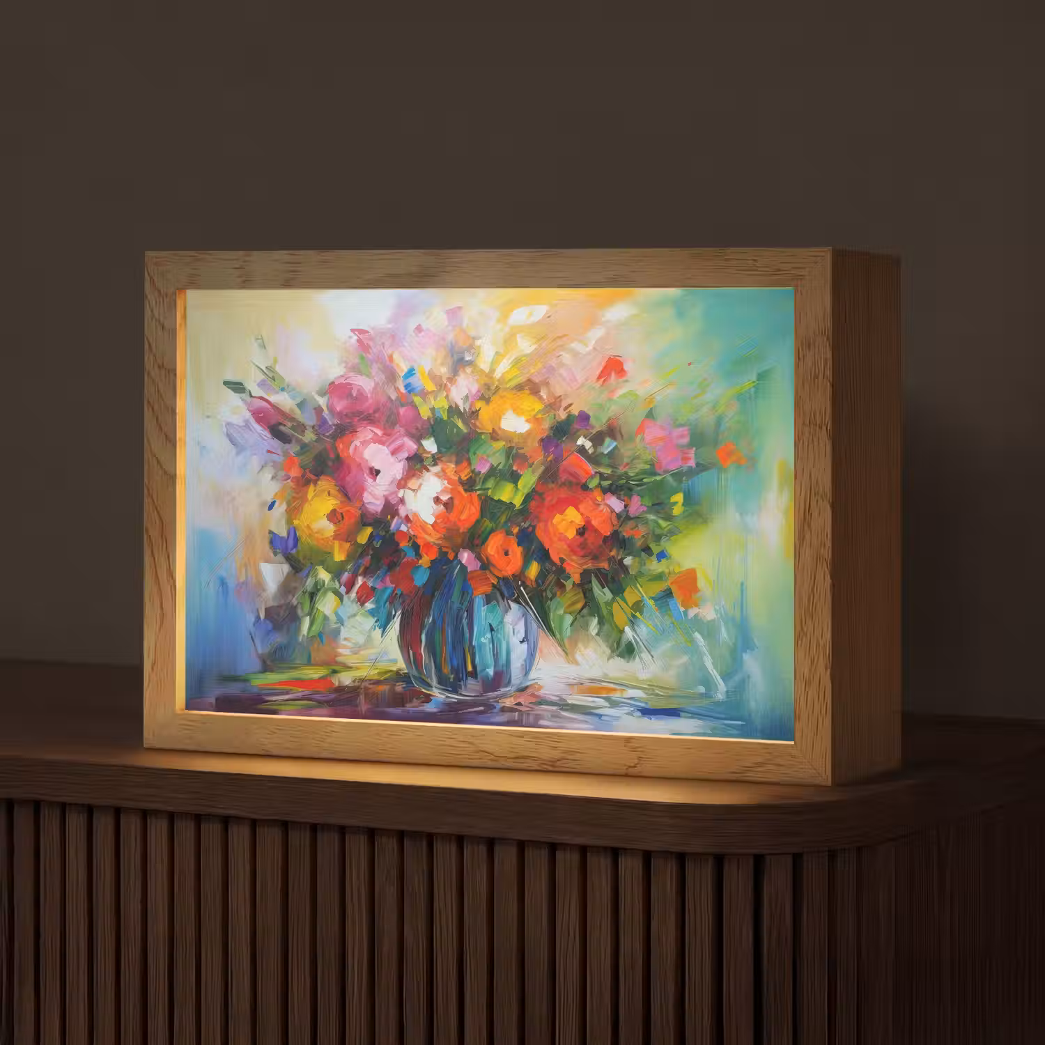 Bloemen - Kleurrijk - Bloempot - Olieverf Light Box met kabel (Tafellamp) klein -z3d_website