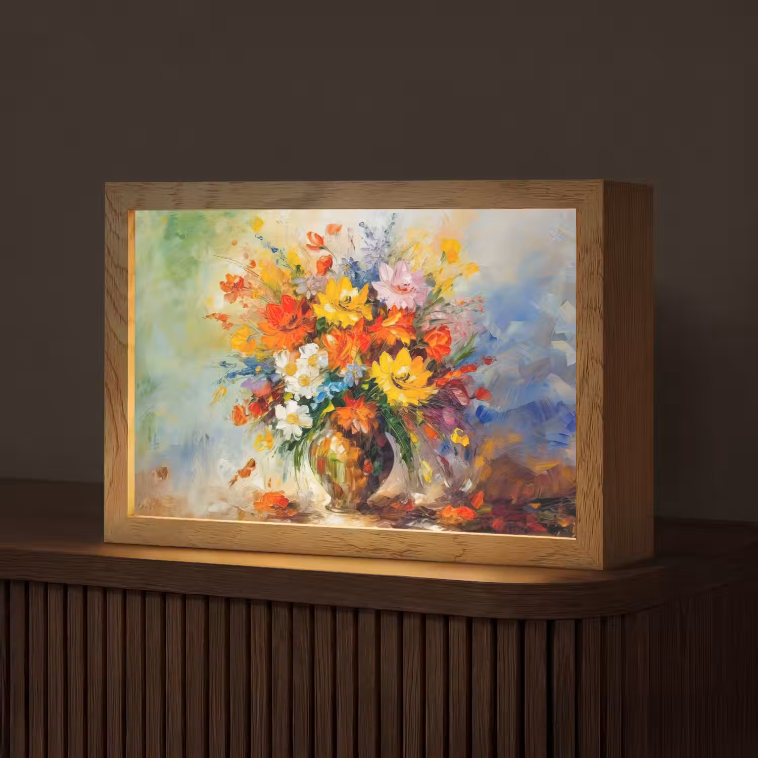 Bloemen - Kleurrijk - Olieverf - Bloempot Light Box met kabel (Tafellamp) klein -z3d_website