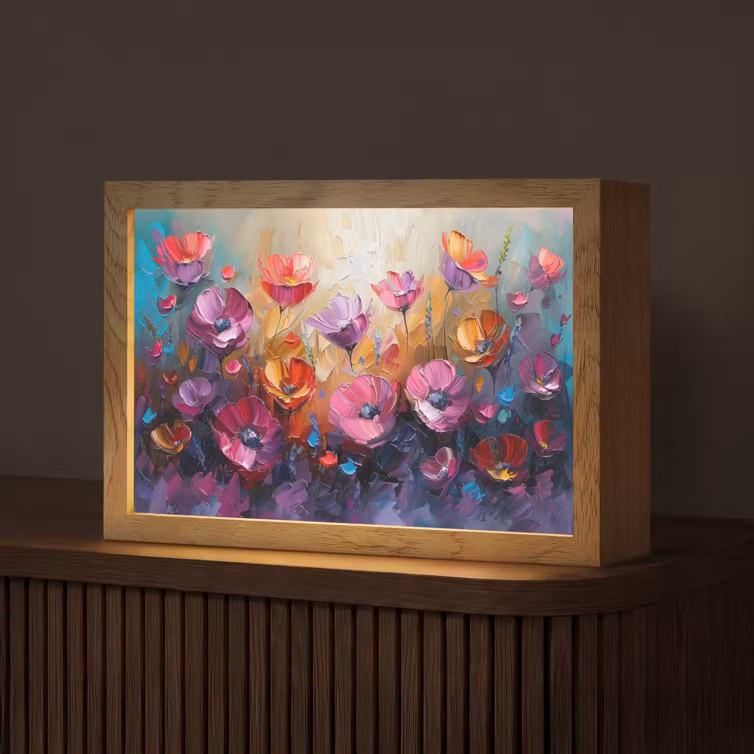 Bloemen - Paars - Kleurrijk - Handgeschilderd - Kunst Light Box met kabel (Tafellamp) klein -z3d_website