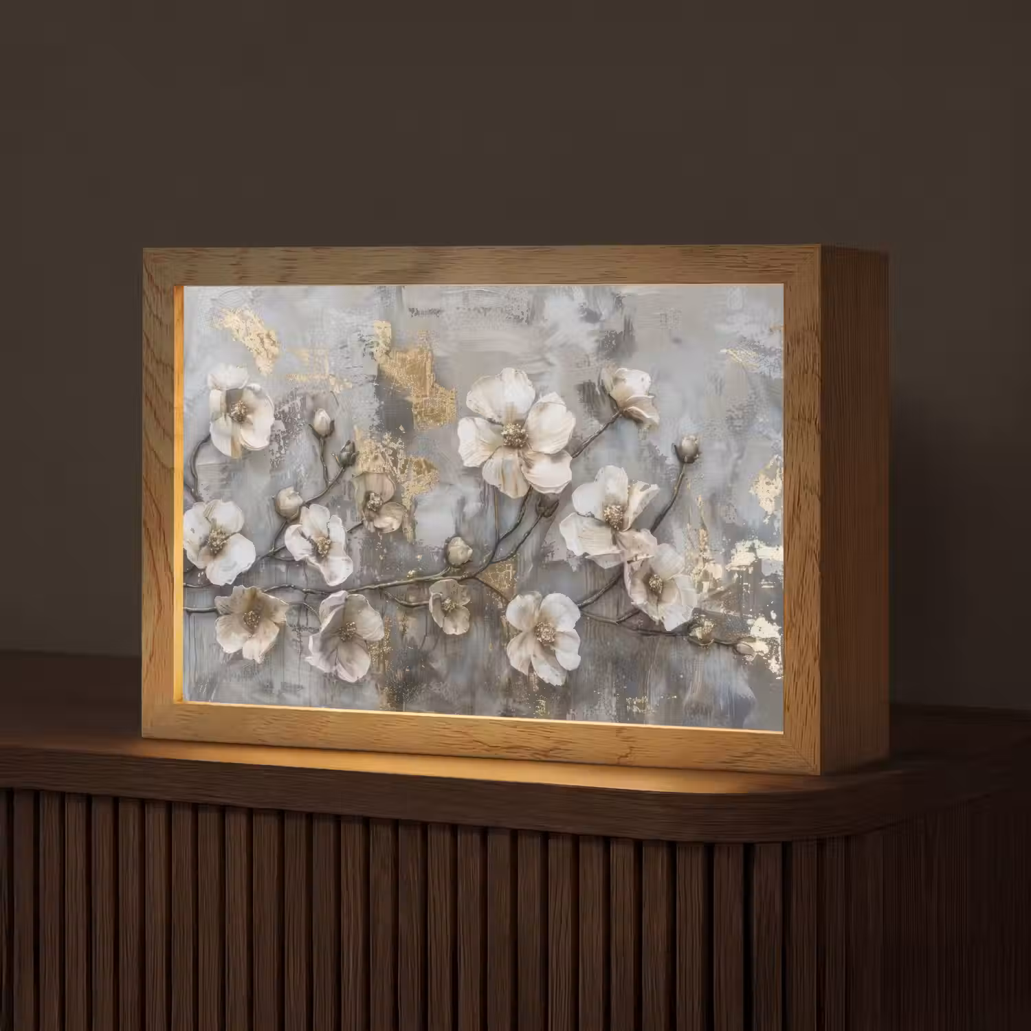 Bloemen - Wit - Grijs - Goud - Luxe Light Box met kabel (Tafellamp) klein -z3d_website