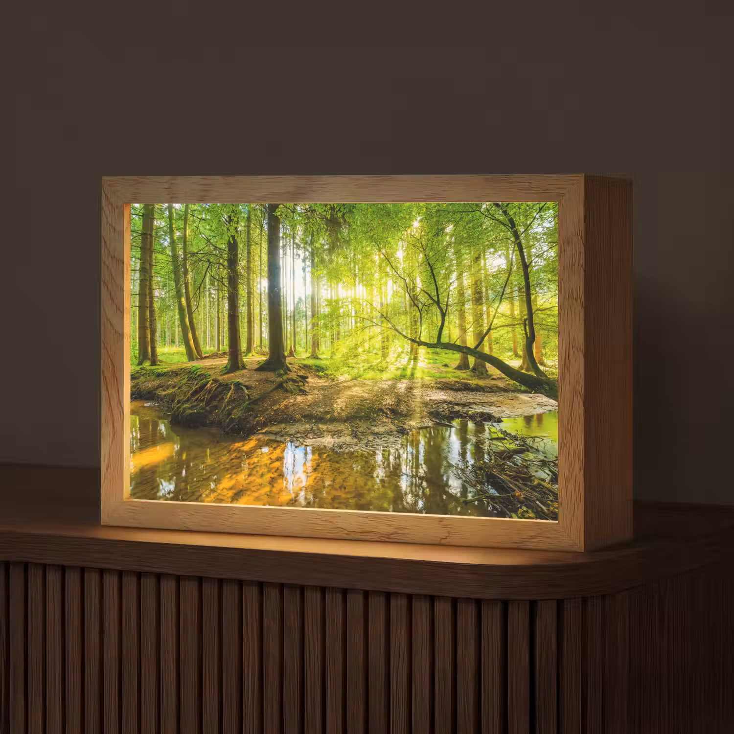 Bos - Landschap - Water - Bomen - Zon - Groen - Natuur Light Box met kabel (Tafellamp) klein -z3d_website