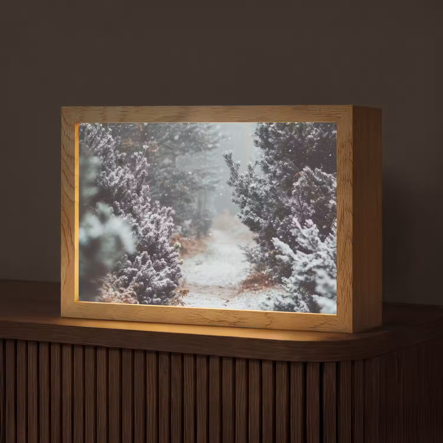 Bos - Winter - Bomen - Natuur - Pad - Sneeuw Light Box met kabel (Tafellamp) klein -z3d_website