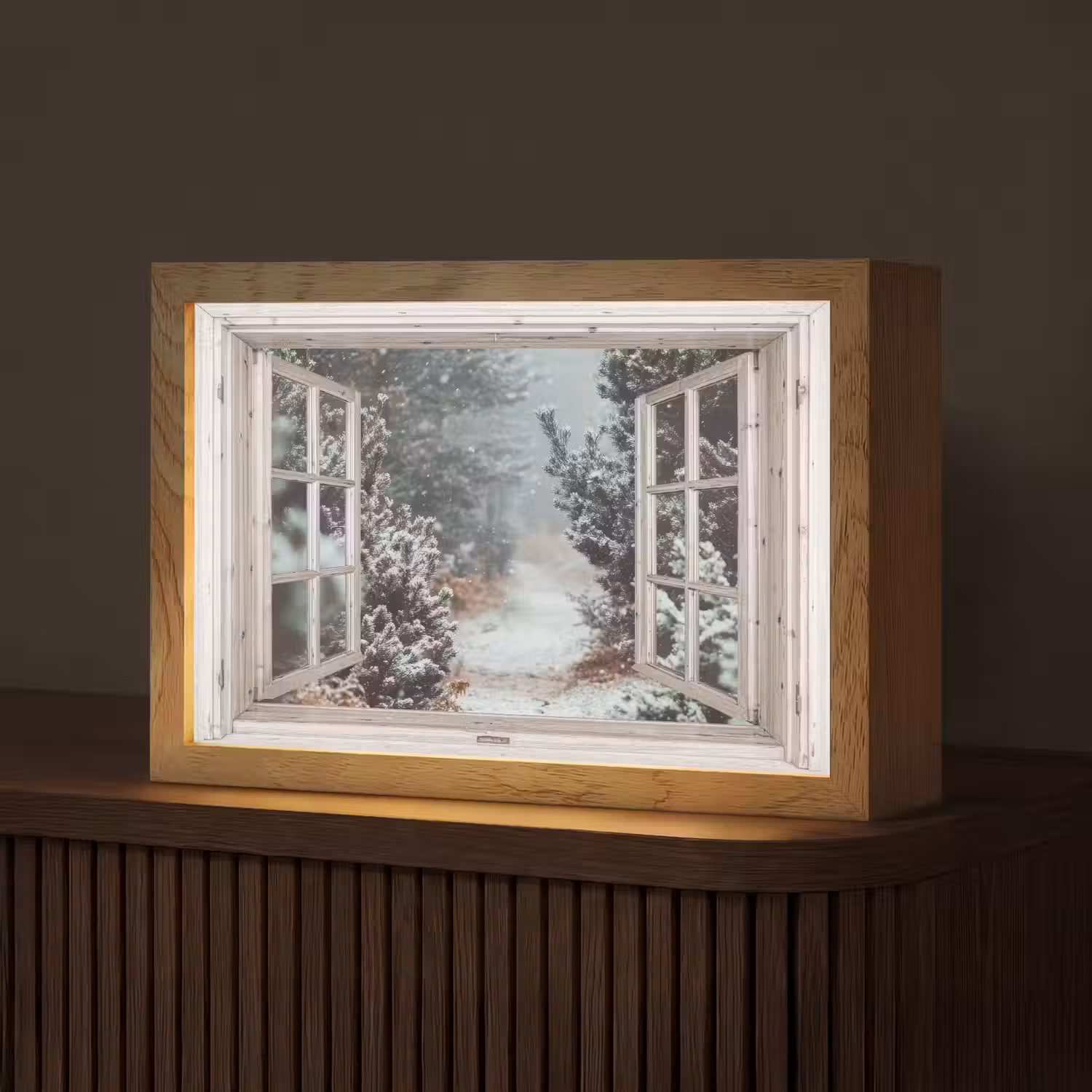Bos - Winter - Bomen - Natuur - Pad - Doorkijk - Wit Light Box met kabel (Tafellamp) klein -z3d_website