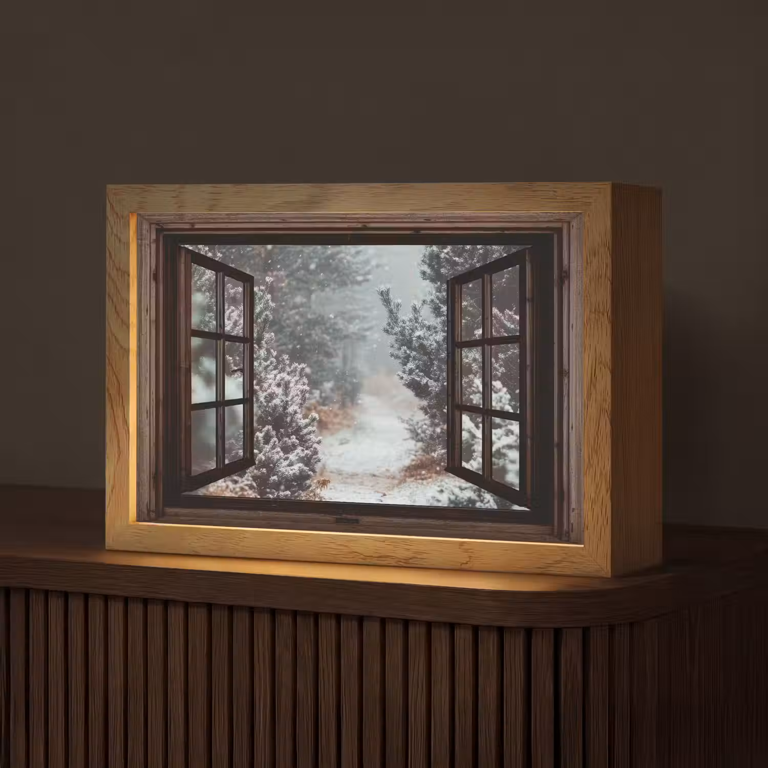Bos - Winter - Bomen - Natuur - Pad - Doorkijk Light Box met kabel (Tafellamp) klein -z3d_website