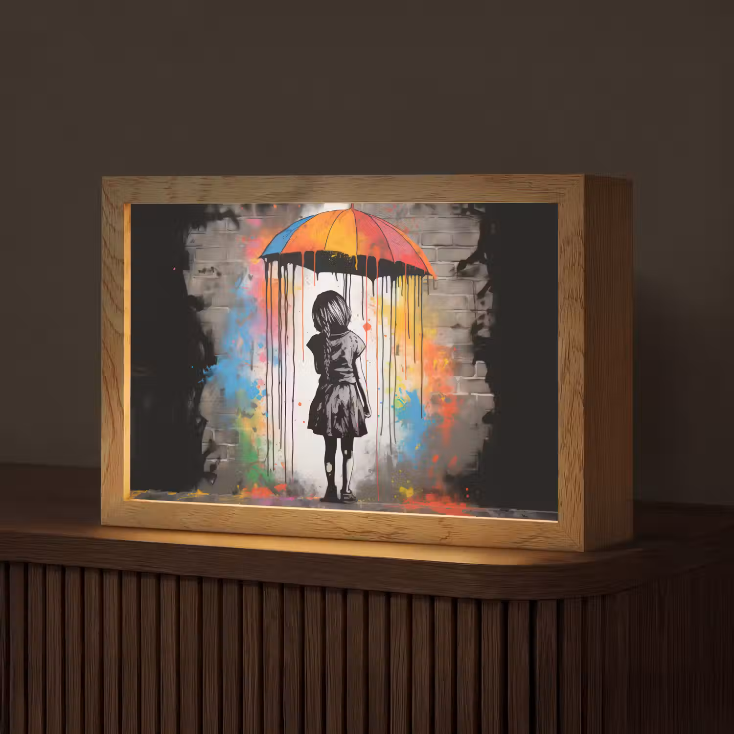 Meisje - Kunst - Paraplu - Graffiti - Kleuren - Muur Light Box met kabel (Tafellamp) klein -z3d_website