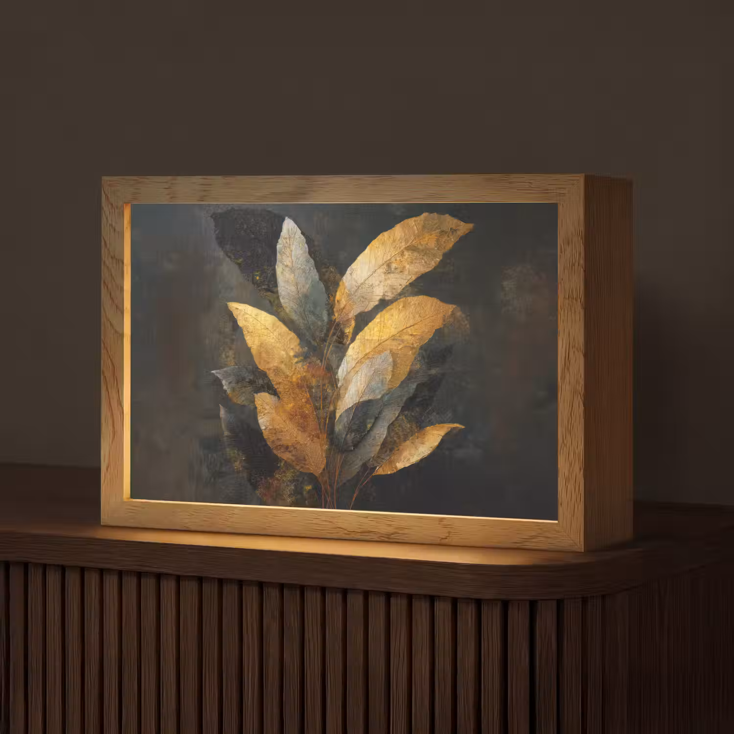 Gouden Bladcompositie – Botanische Luxe Light Box met kabel (Tafellamp) klein -z3d_website