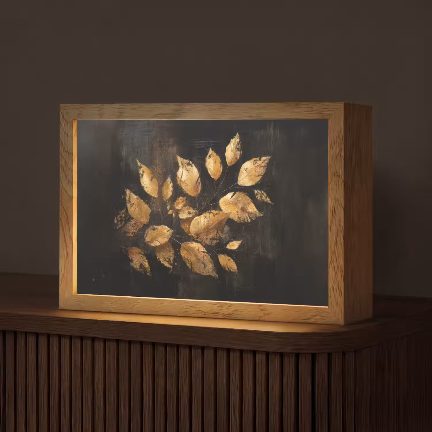 Gouden Bladeren op Donkere Achtergrond Light Box met kabel (Tafellamp) klein -z3d_website