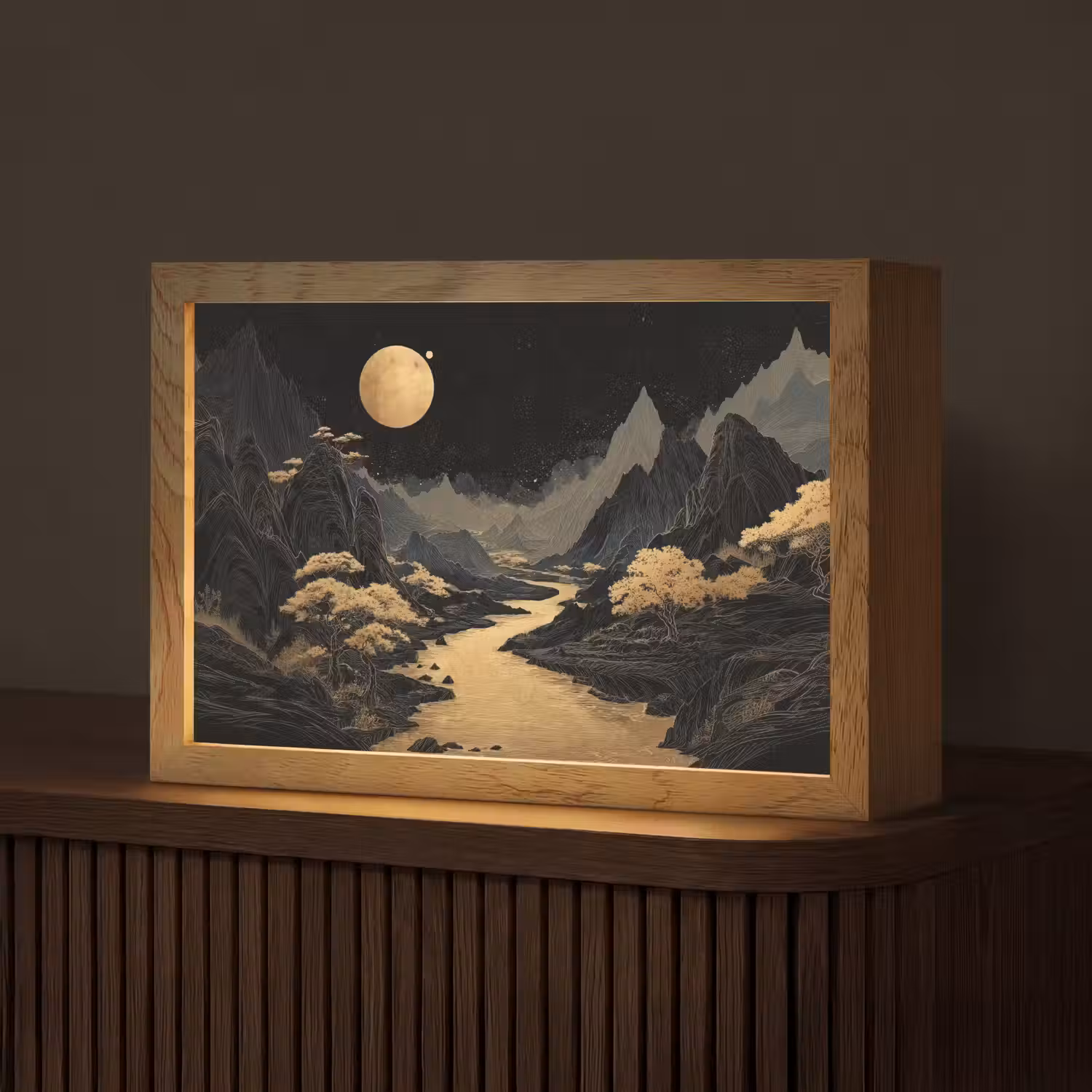 Gouden rivier - Bergen - Maan - Sterrenhemel Light Box met kabel (Tafellamp) klein -z3d_website