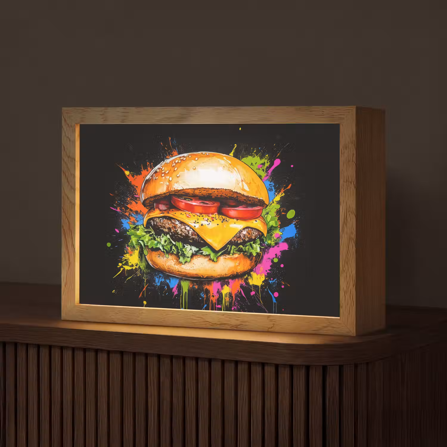 Hamburger - Graffiti - Verf - Kleurrijk - Eten - Abstract Light Box met kabel (Tafellamp) klein -z3d_website