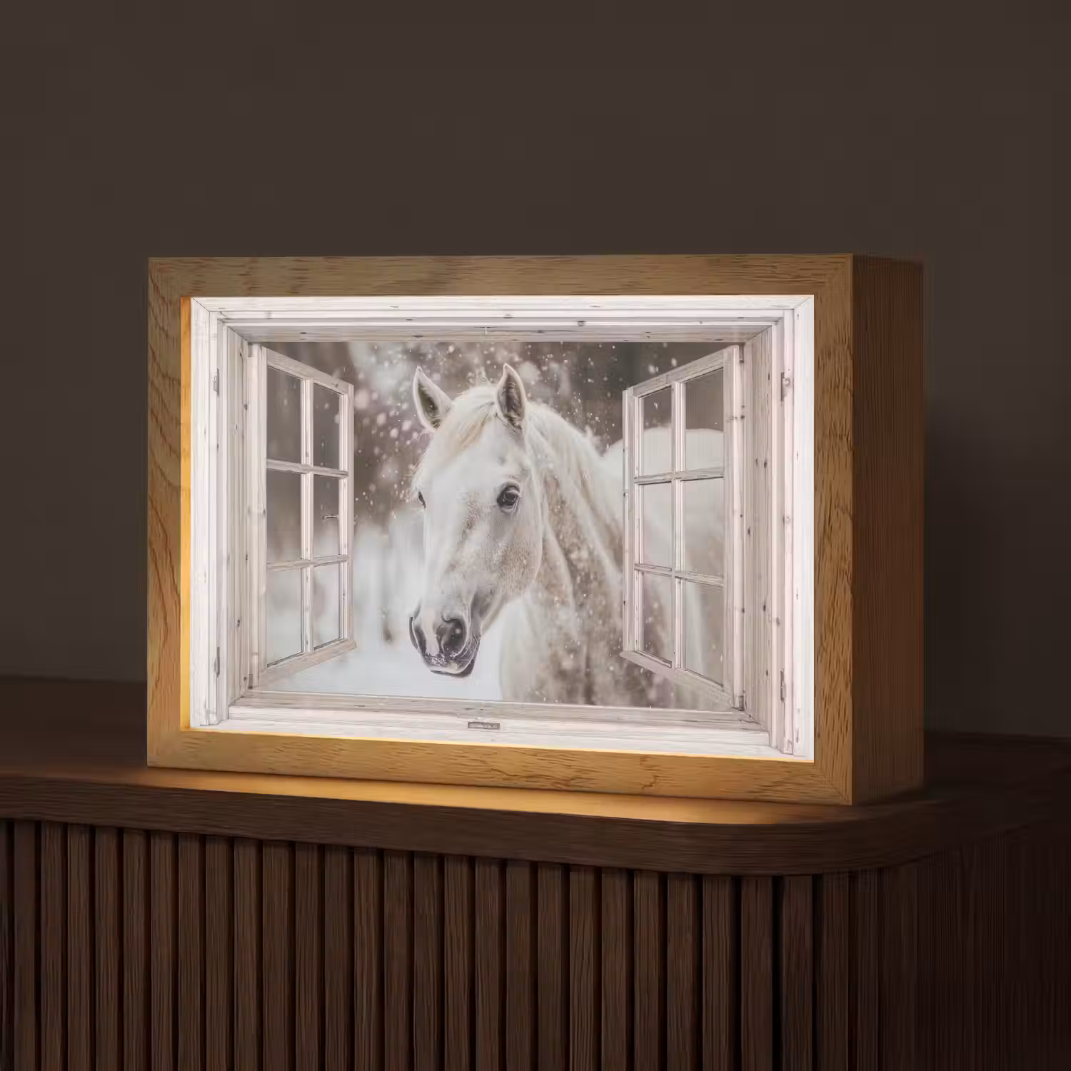 Paard - Wit - Winter - Sneeuw - Doorkijk - Dieren Light Box met kabel (Tafellamp) klein -z3d_website