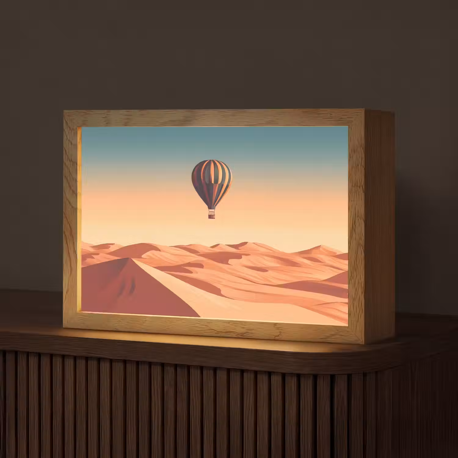 Luchtballon - Woestijn - Zonsondergang - Blauw Light Box met kabel (Tafellamp) klein -z3d_website
