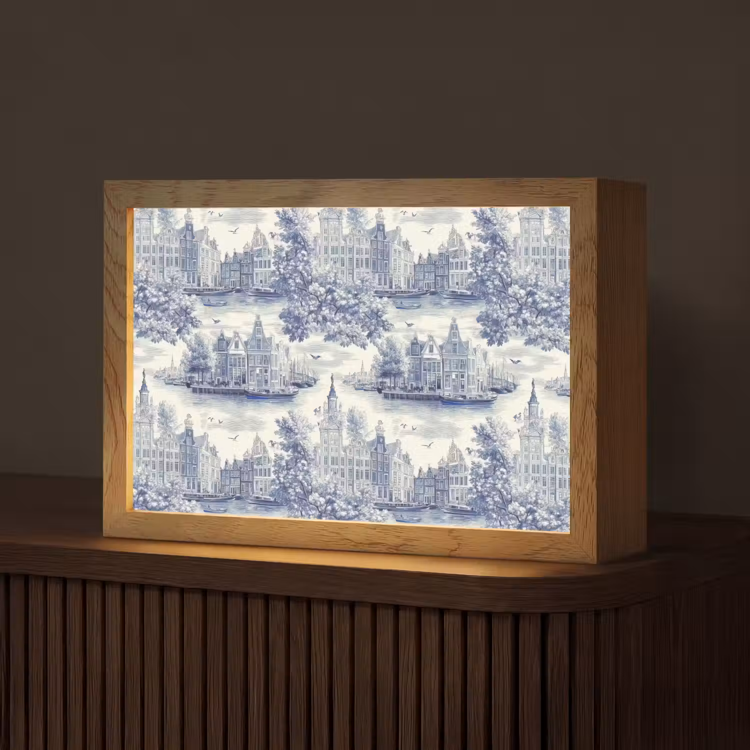 Huizen - Bomen - Water - Vogels - Blauw Light Box met kabel (Tafellamp) klein 924 -z3d_website