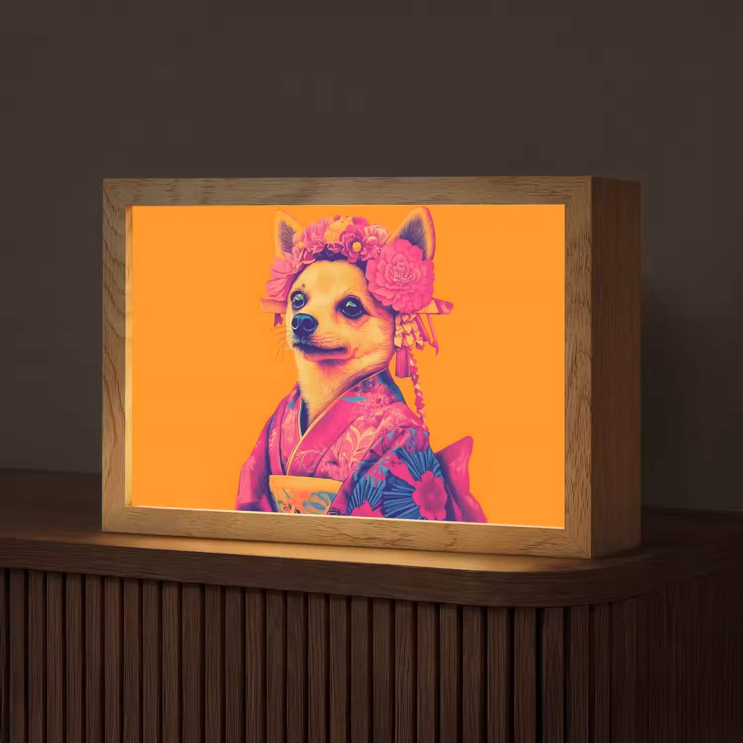 Kimono - Hondje - Bloemenkroon - Oranje Light Box met kabel (Tafellamp) klein -z3d_website