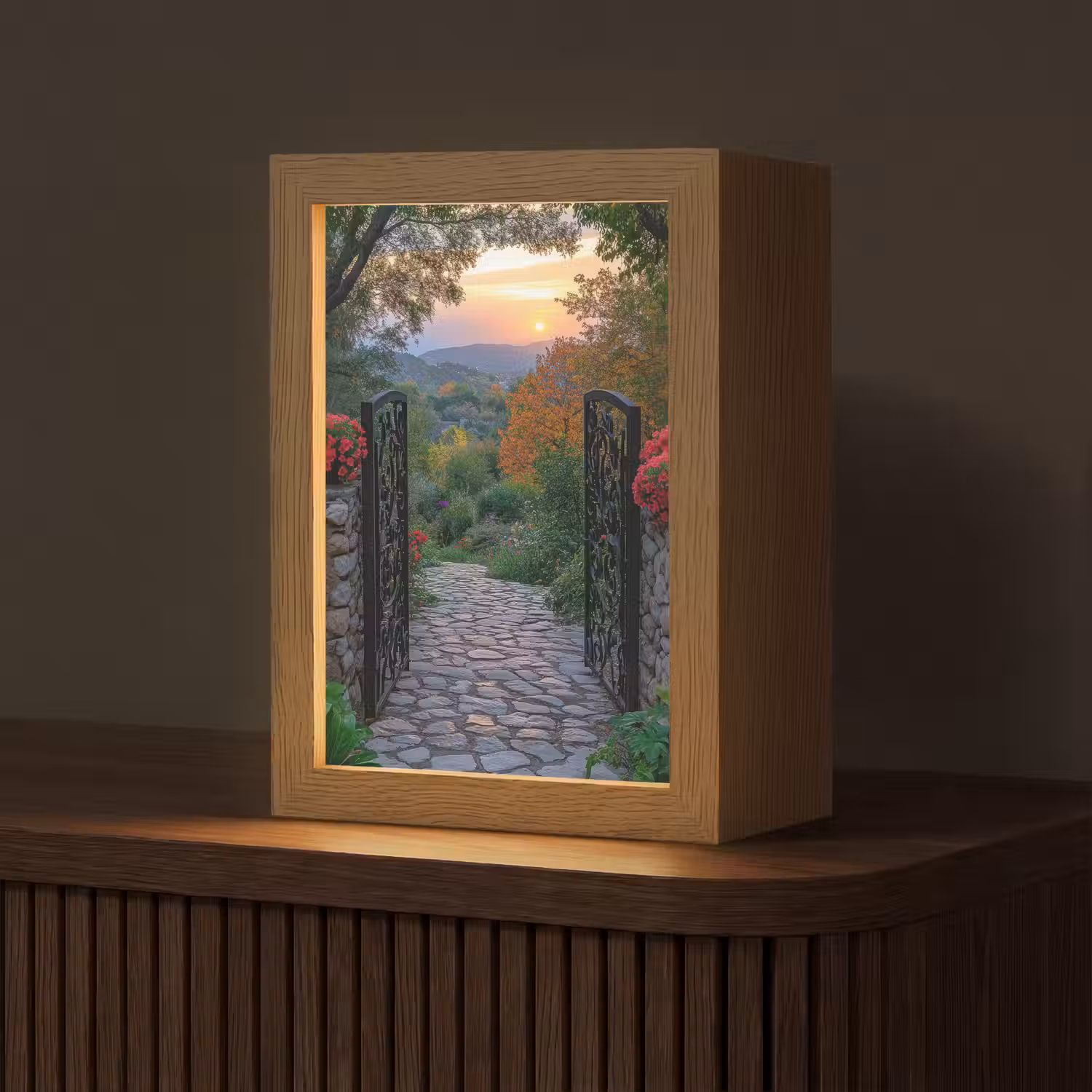 Landschap - Hek - Pad - Zonsondergang - Natuur Light Box met kabel (Tafellamp) klein -z3d_website
