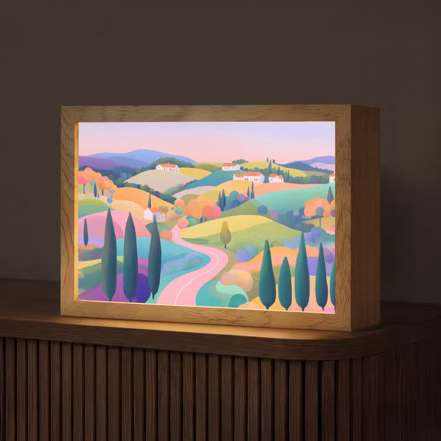 Landschap - Paars - Pastel - Huizen Light Box met kabel (Tafellamp) klein -z3d_website