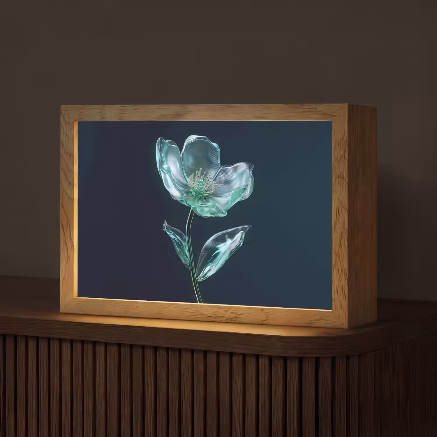 Bladeren - Bloem - Glazen - Donkerblauw Light Box met kabel (Tafellamp) klein -z3d_website