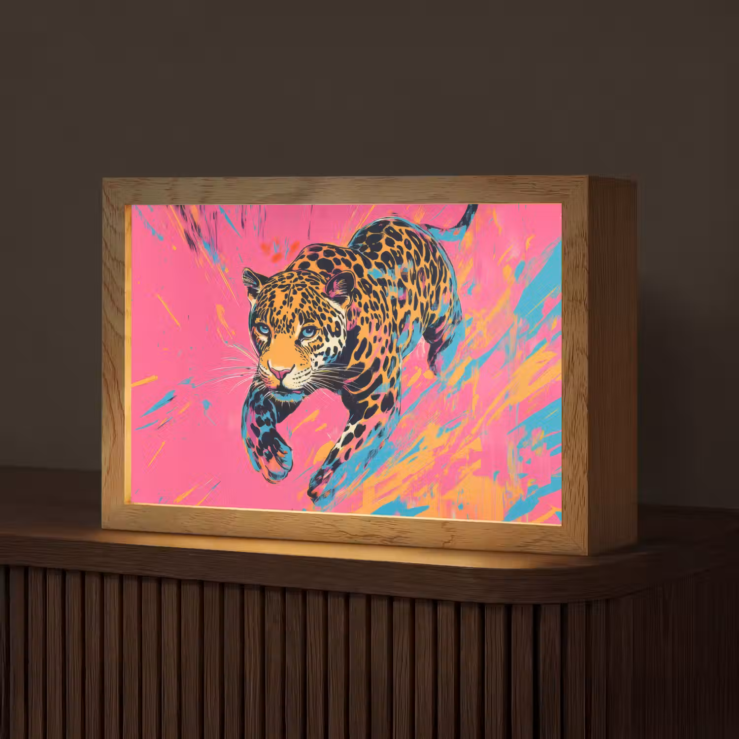 Luipaard - Roze - Oranje - Blauw - Verf Light Box met kabel (Tafellamp) klein -z3d_website