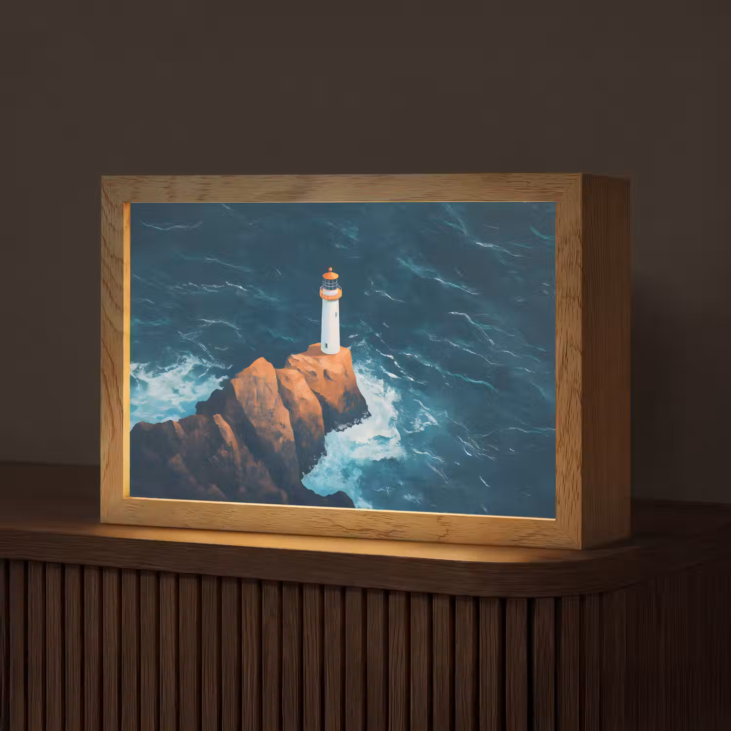 Vuurtoren - Rots - Zee - Golven Light Box met kabel (Tafellamp) klein -z3d_website