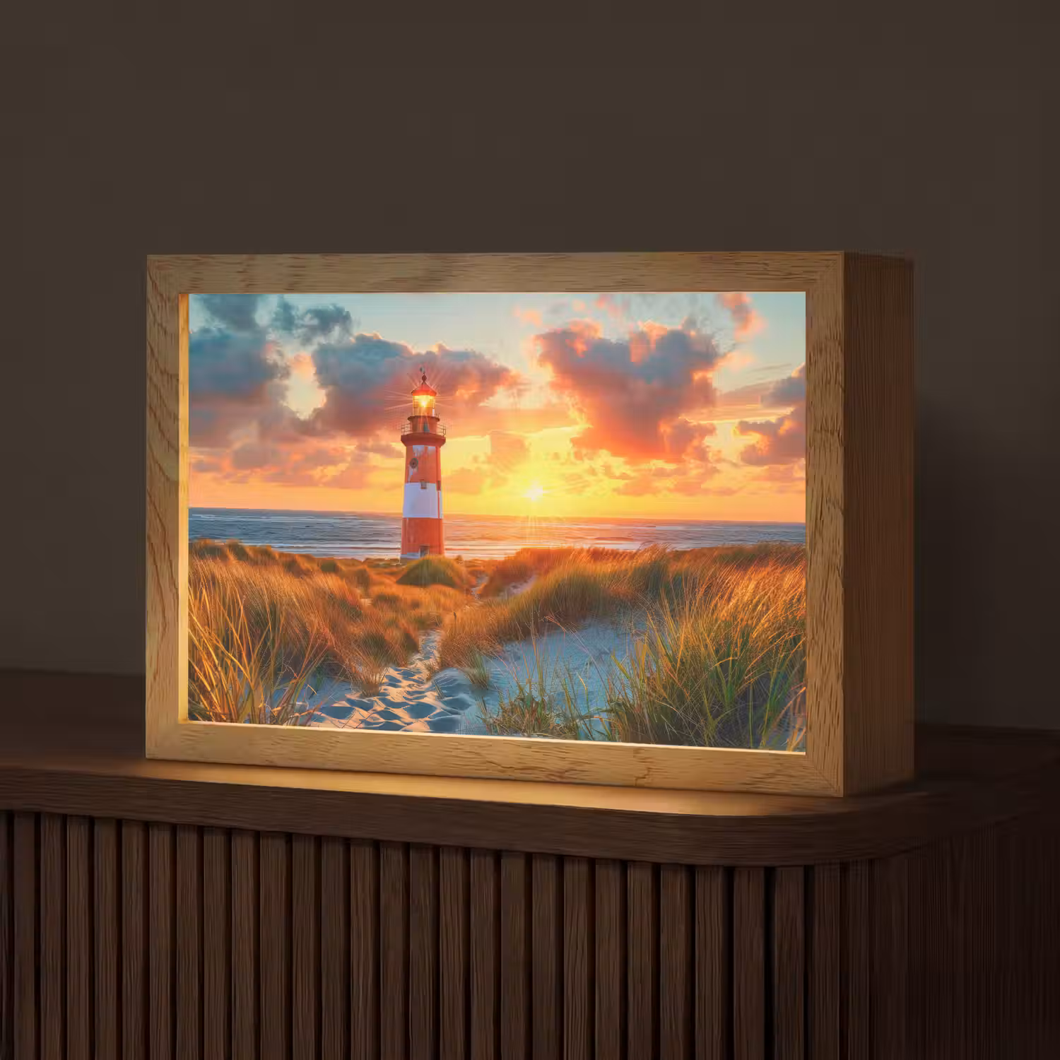 Vuurtoren - Zonsondergang - Duinen - Horizon Light Box met kabel (Tafellamp) klein -z3d_website