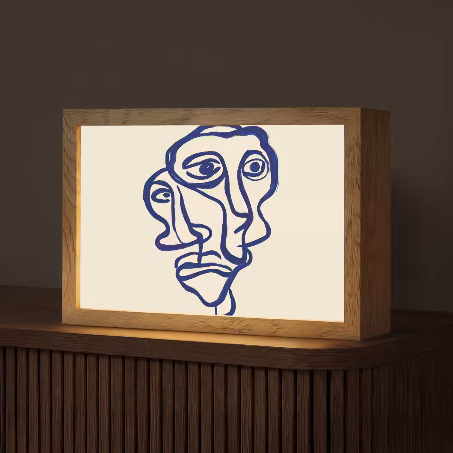 Lijntekening - Overlappende gezichten - Donkerblauw Light Box met kabel (Tafellamp) klein -z3d_website