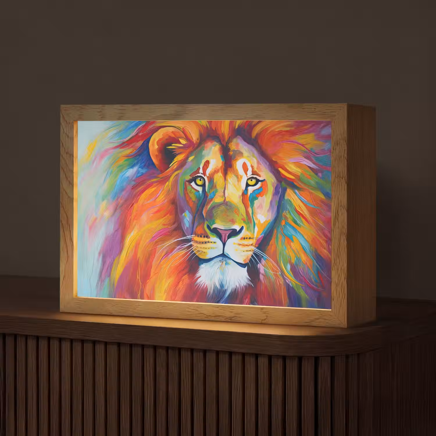Leeuw - Dieren - Olieverf - Regenboog Light Box met kabel (Tafellamp) klein -z3d_website