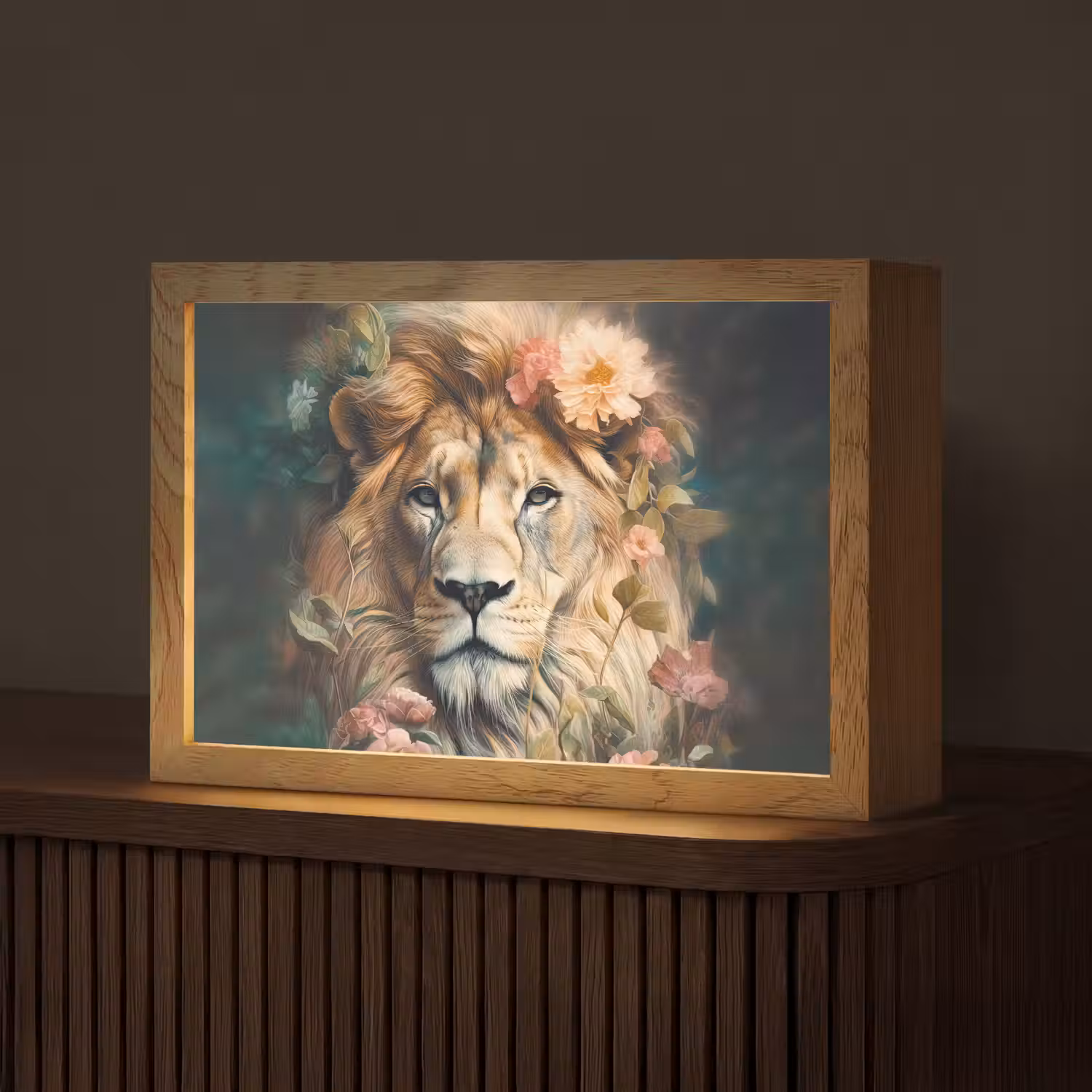 Leeuw - Leeuwenkop - Wilde dieren - Bloemen Light Box met kabel (Tafellamp) klein -z3d_website