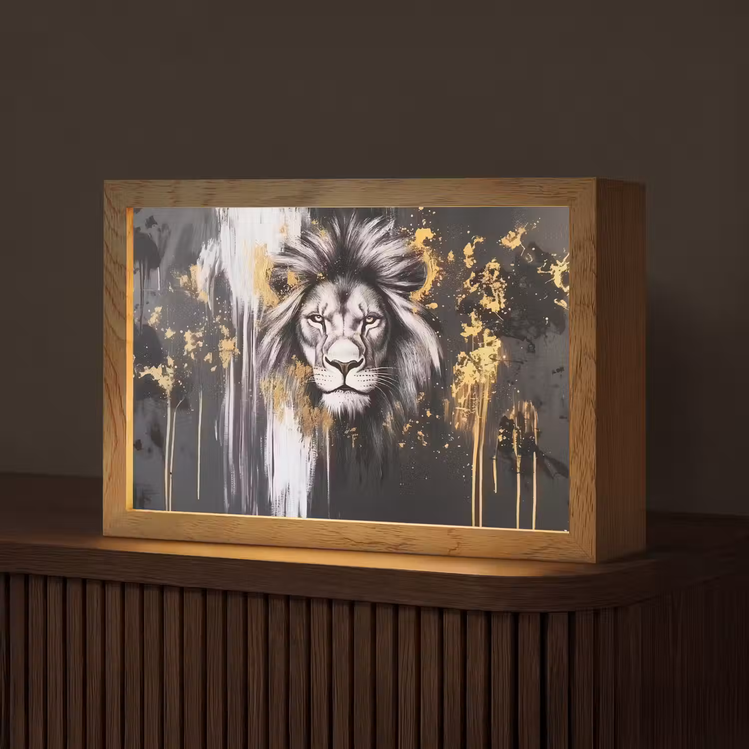 Leeuw - Portret - Verfspatten - Grijs Light Box met kabel (Tafellamp) klein -z3d_website