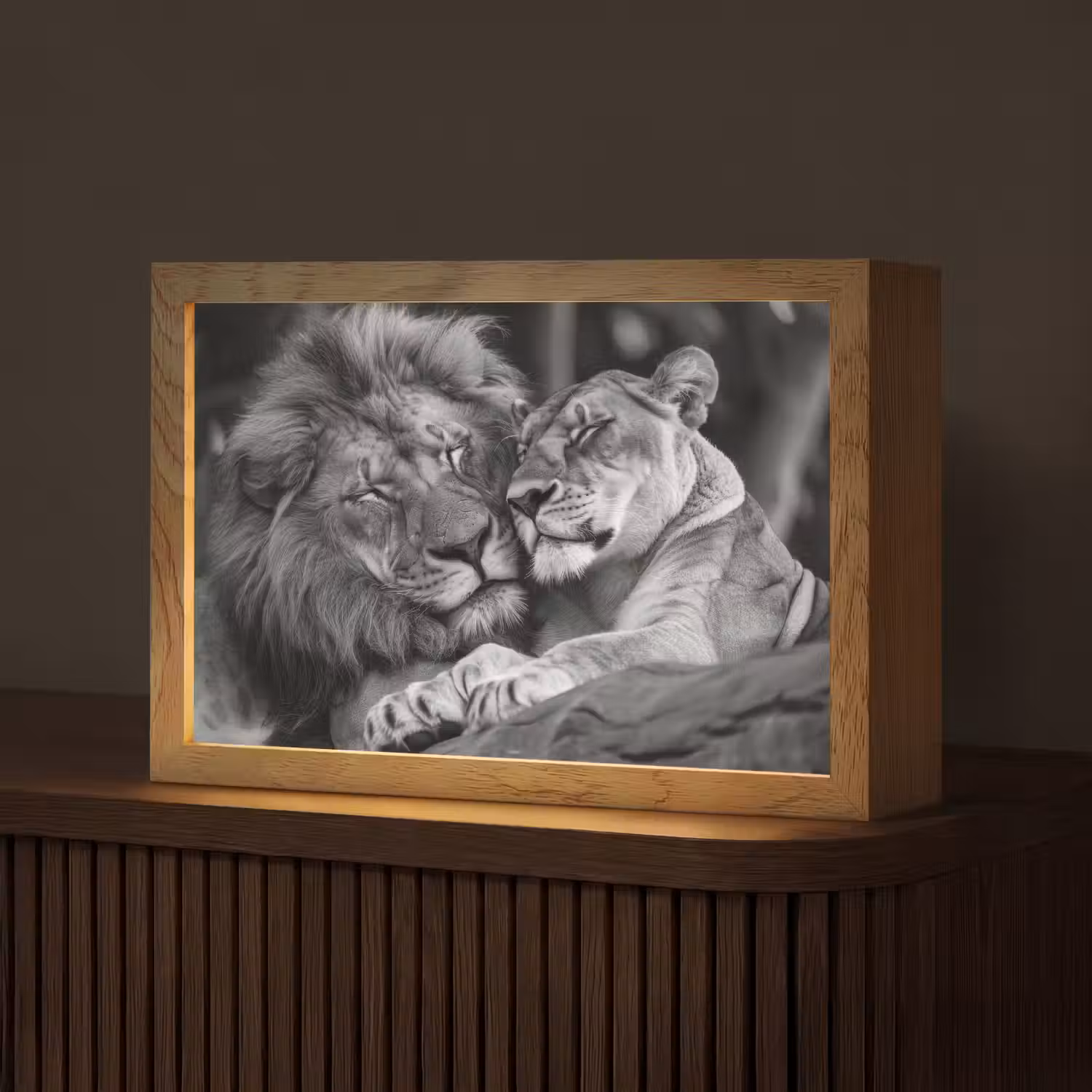 Leeuwen - Dieren - Zwart - Wit - Leeuw Light Box met kabel (Tafellamp) klein -z3d_website