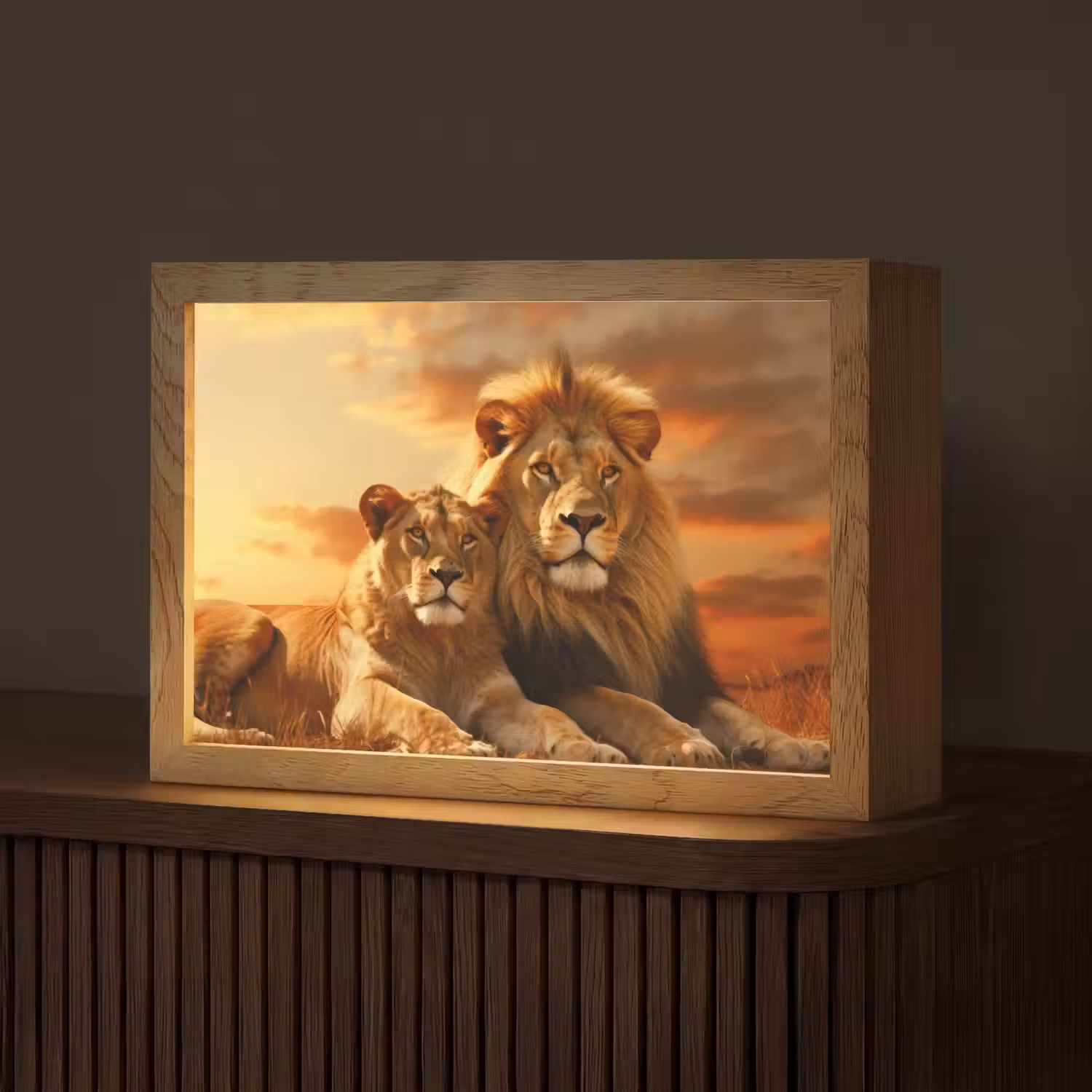Leeuwen - Zonsondergang - Afrika - Savanne - Dieren Light Box met kabel (Tafellamp) klein -z3d_website