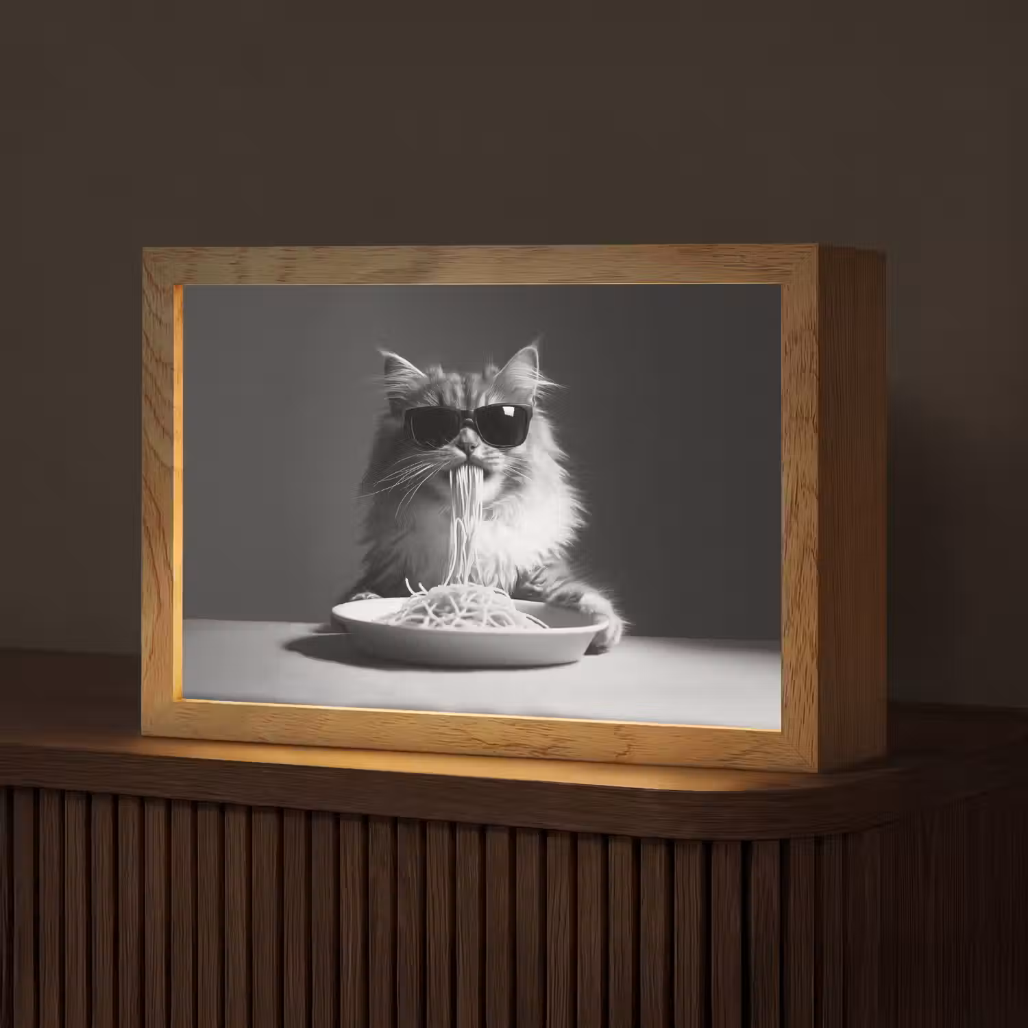 Langharige kat - Zonnebril - Spaghetti - Humor - Zwart - wit Light Box met kabel (Tafellamp) klein -z3d_website