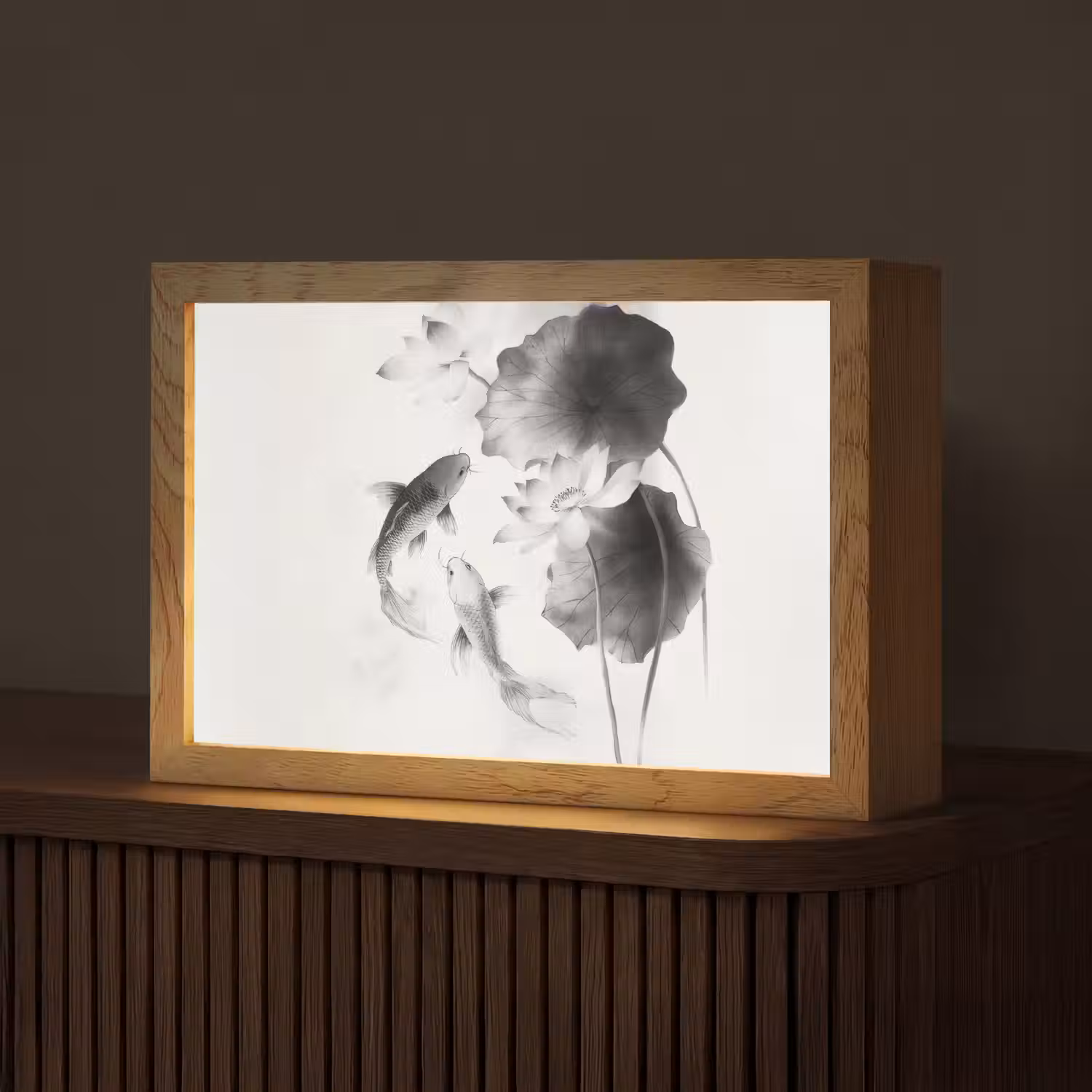 Lotusbloemen - Vissen - Bladeren - Zwart Light Box met kabel (Tafellamp) klein -z3d_website