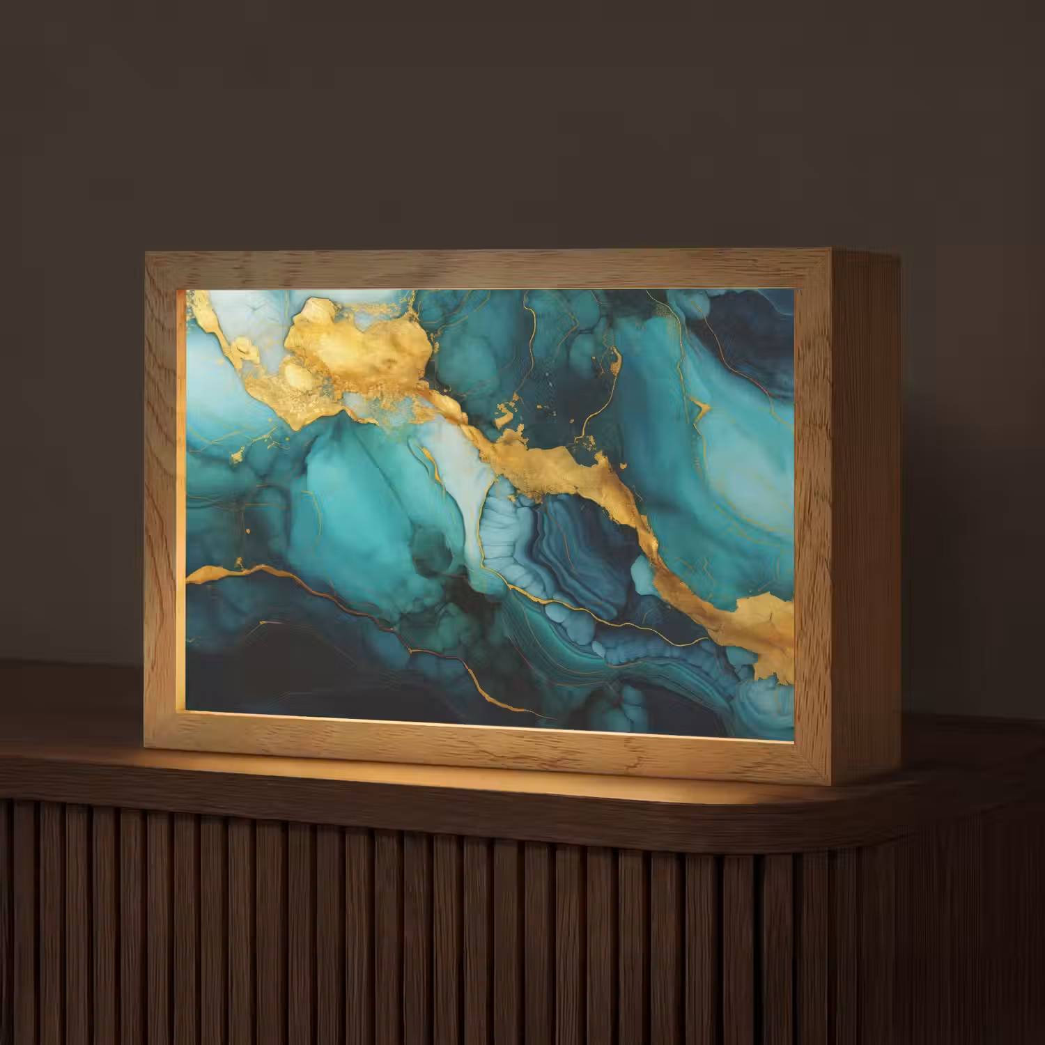 Marmer - Goud - Blauw groen - Abstract - Turquoise Light Box met kabel (Tafellamp) klein -z3d_website