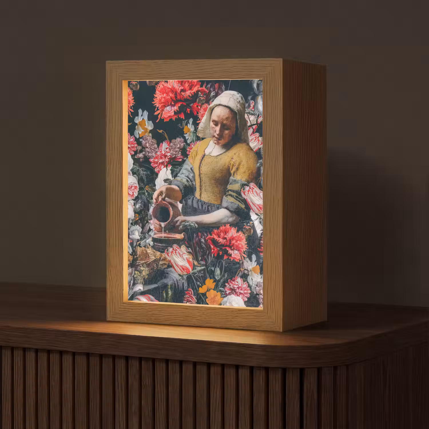 Melkmeisje - Johannes Vermeer - Bloemen - Roze Light Box met kabel (Tafellamp) klein -z3d_website