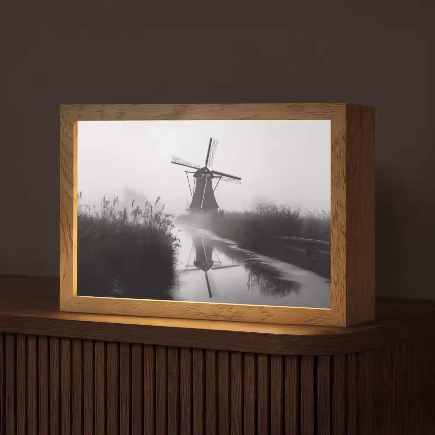 Molen - Weerspiegeling - Landschap - Water Light Box met kabel (Tafellamp) klein -z3d_website