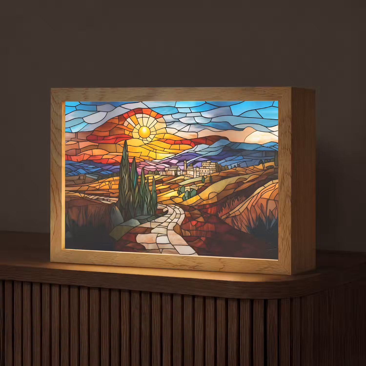 Mozaïek - Zon - Landschap - Dorp Light Box met kabel (Tafellamp) klein -z3d_website