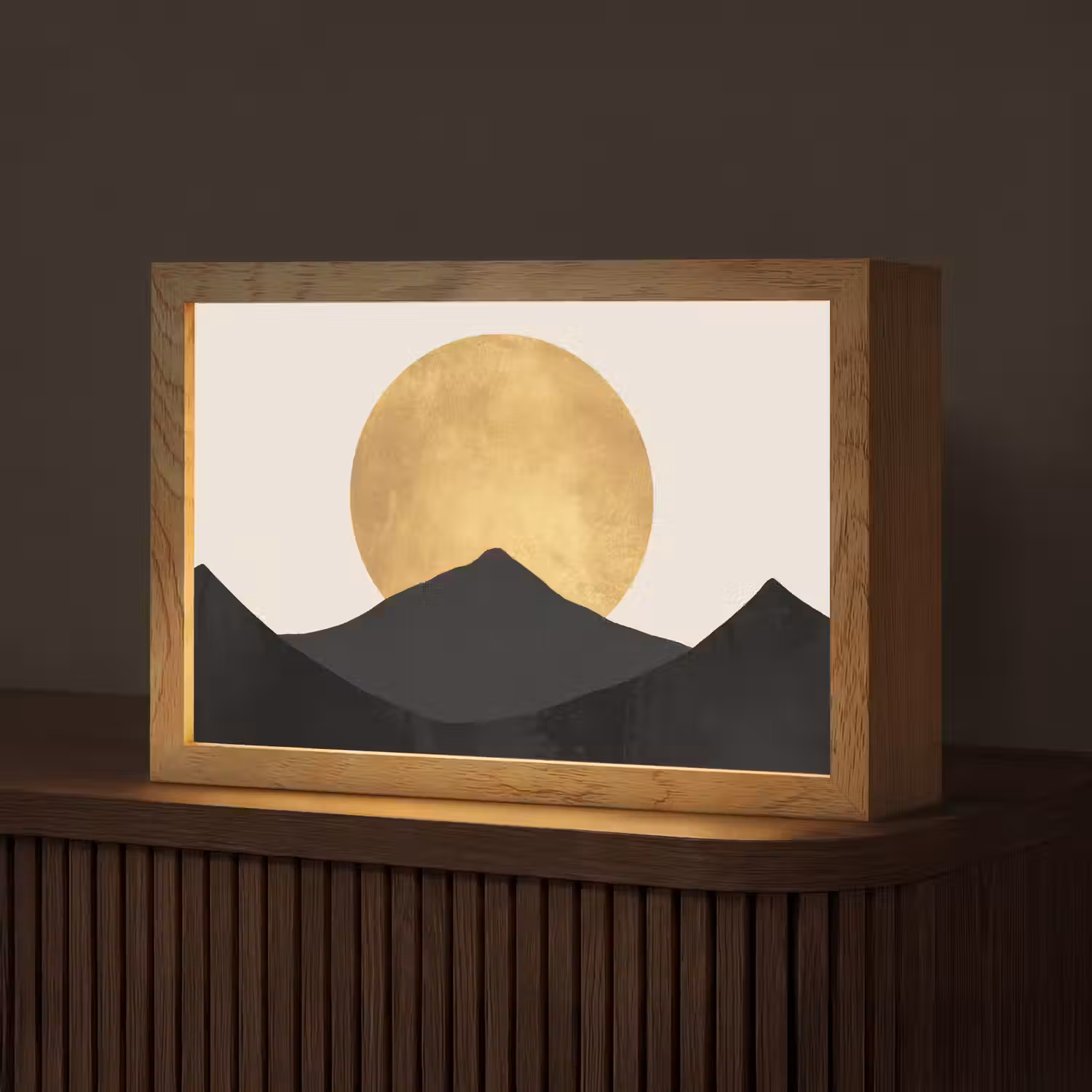 Bergsilhouetten - Gouden cirkel - Beige Light Box met kabel (Tafellamp) klein -z3d_website