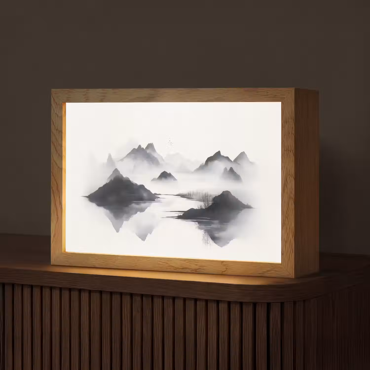 Bergen - Mistig - Water - Wit Light Box met kabel (Tafellamp) klein -z3d_website