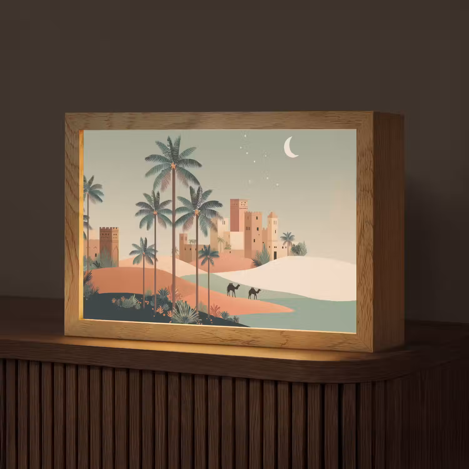 Nachtlandschap - Kamelen - Sterren - zandduinden Light Box met kabel (Tafellamp) klein -z3d_website