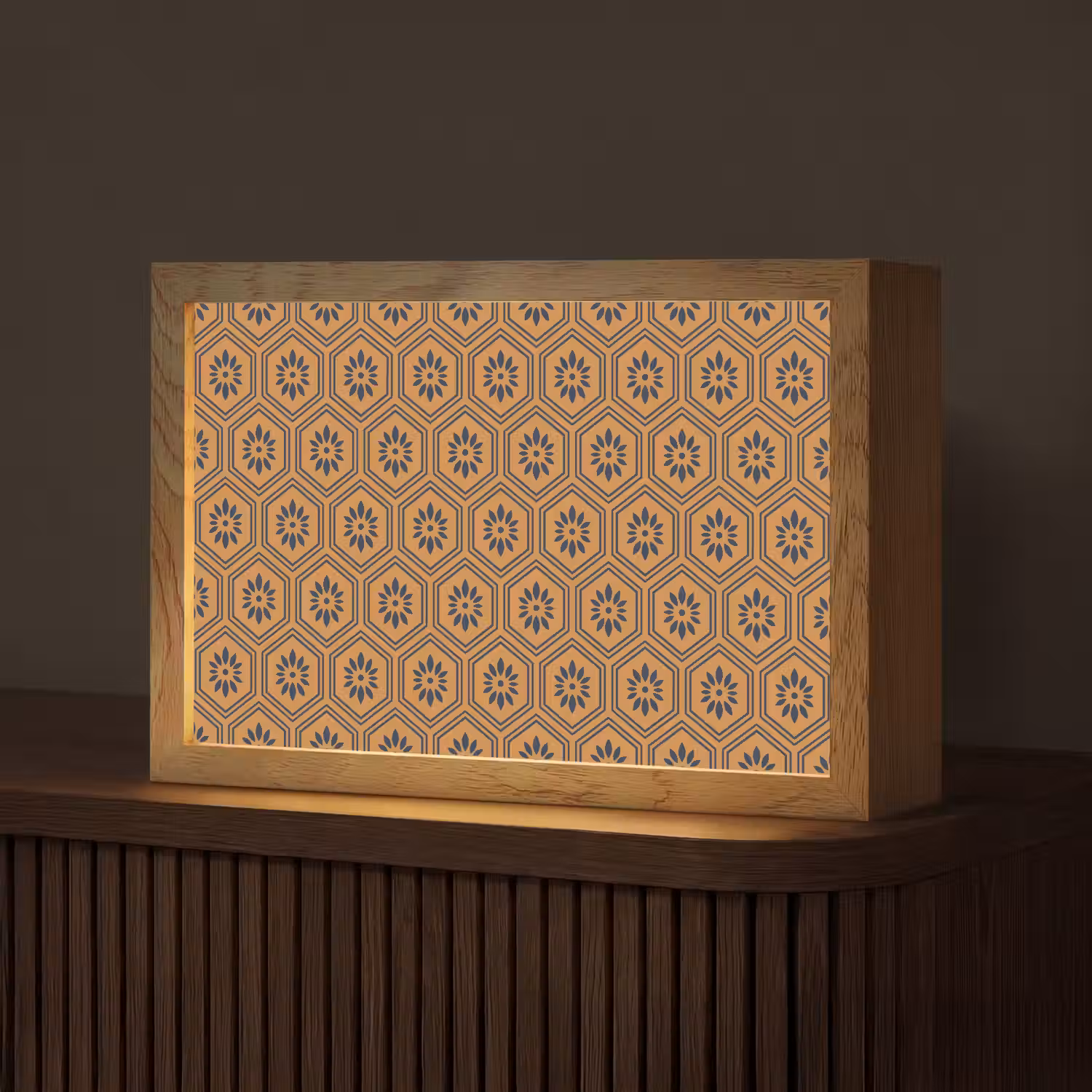 Okergeel - Patroon - Bloem - Donkerblauw Light Box met kabel (Tafellamp) klein 924 -z3d_website