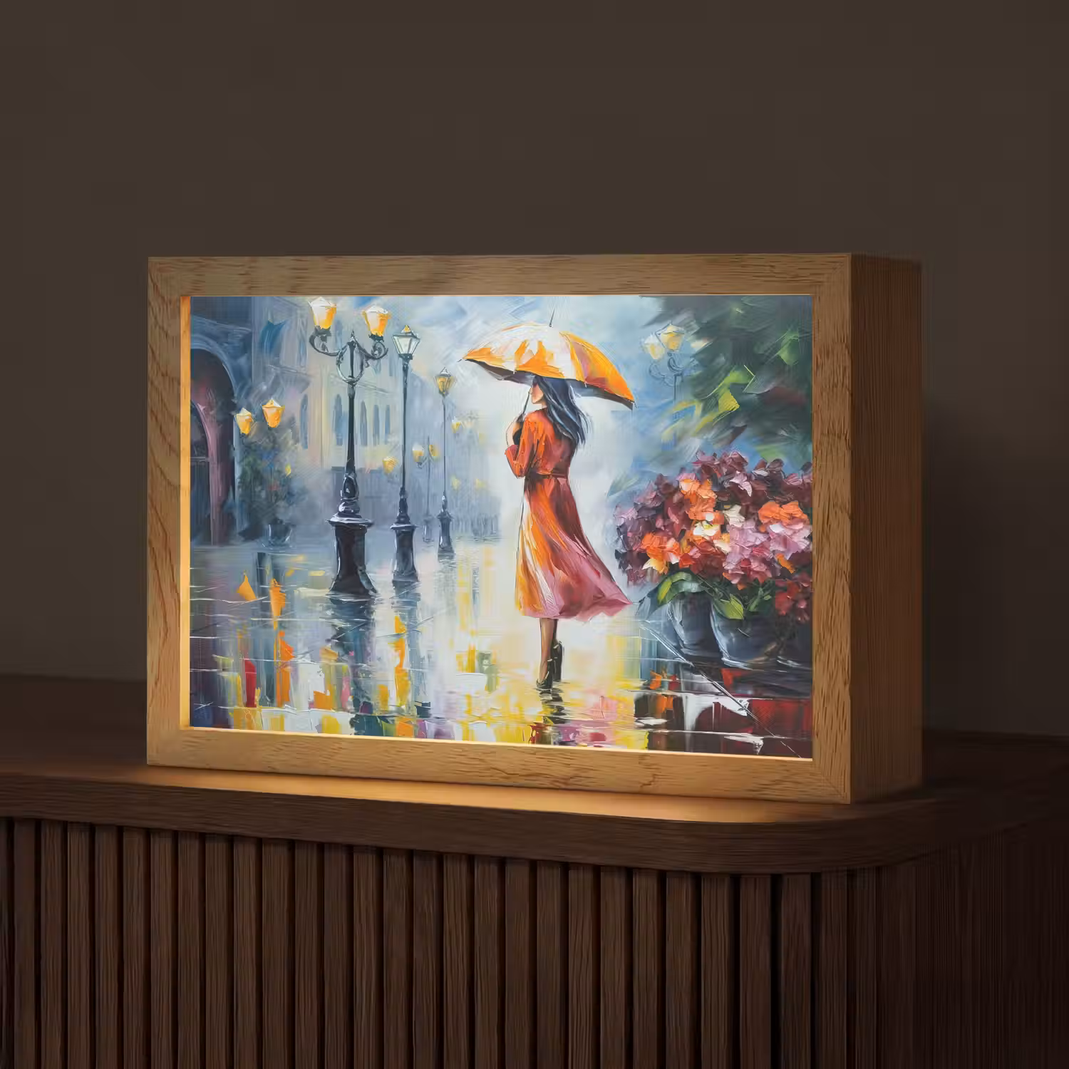 Olieverf - Paraplu - Vrouw - Straat - Kunst Light Box met kabel (Tafellamp) klein -z3d_website
