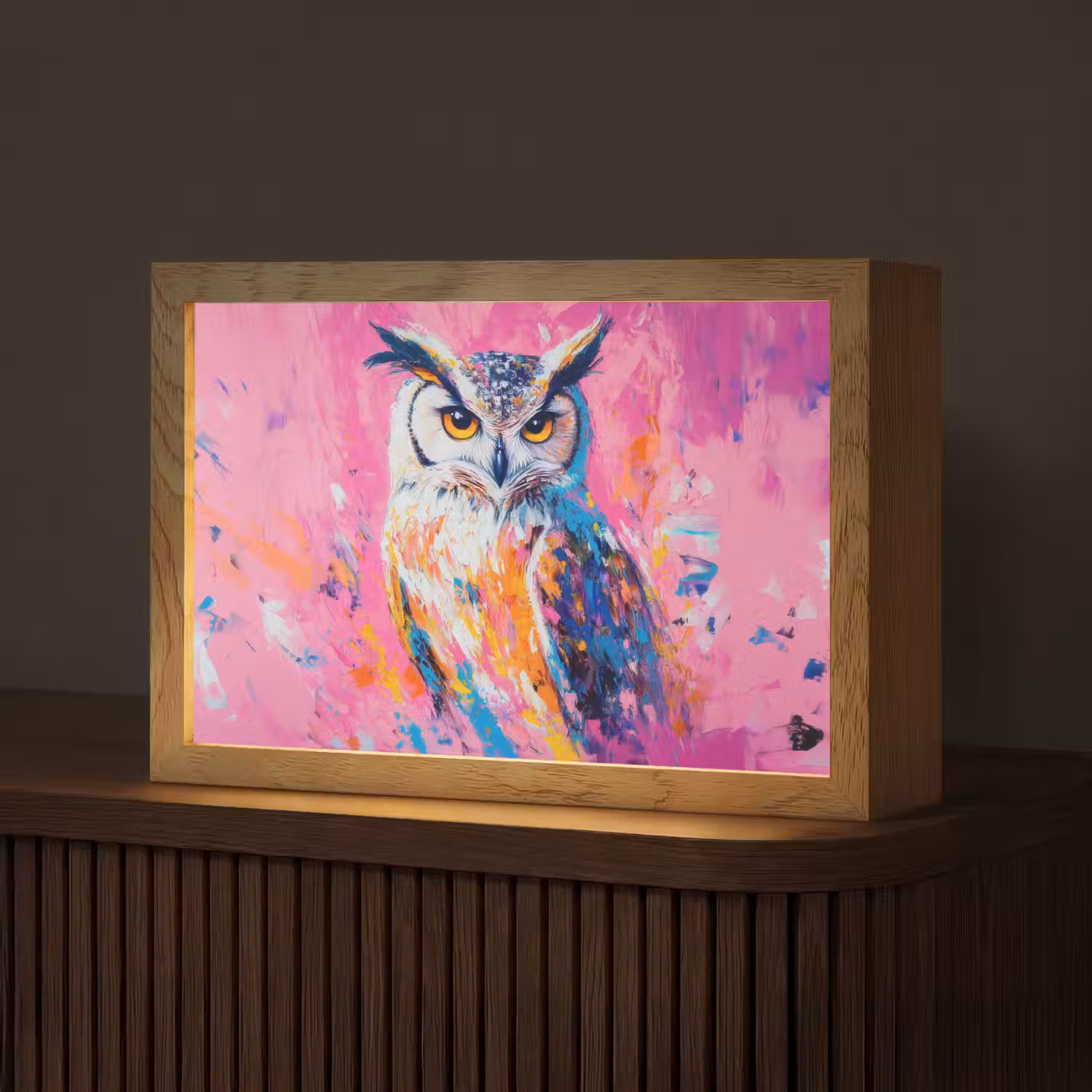 Uil - Roze - Blauw - Verf - Abstract Light Box met kabel (Tafellamp) klein -z3d_website